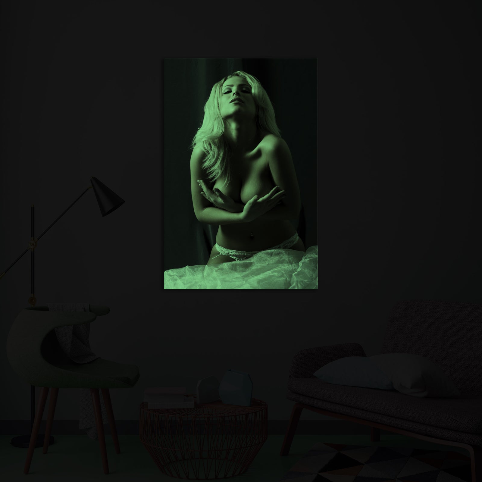 People No. 016, glowing in a room at night