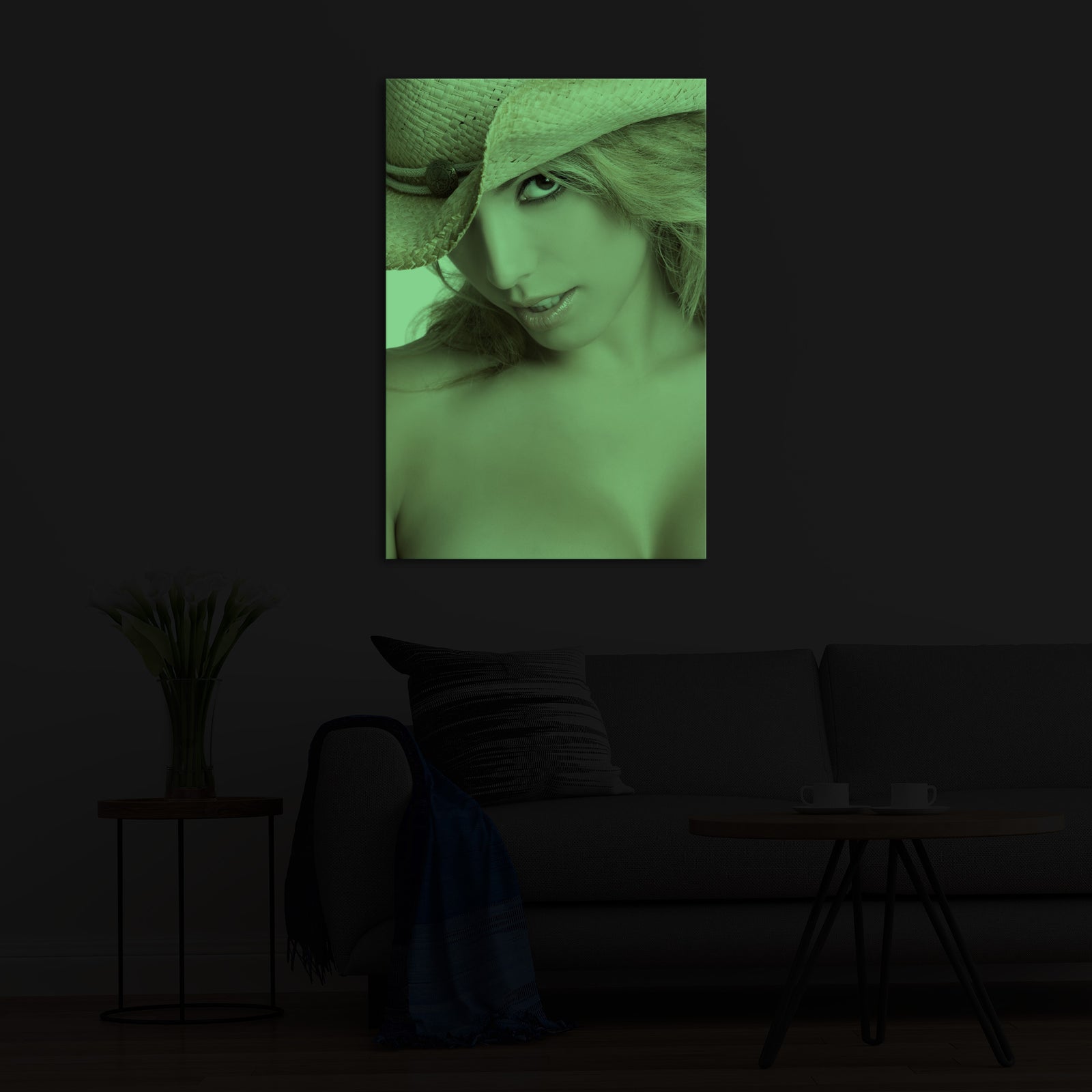 People No. 018, glowing in a room at night