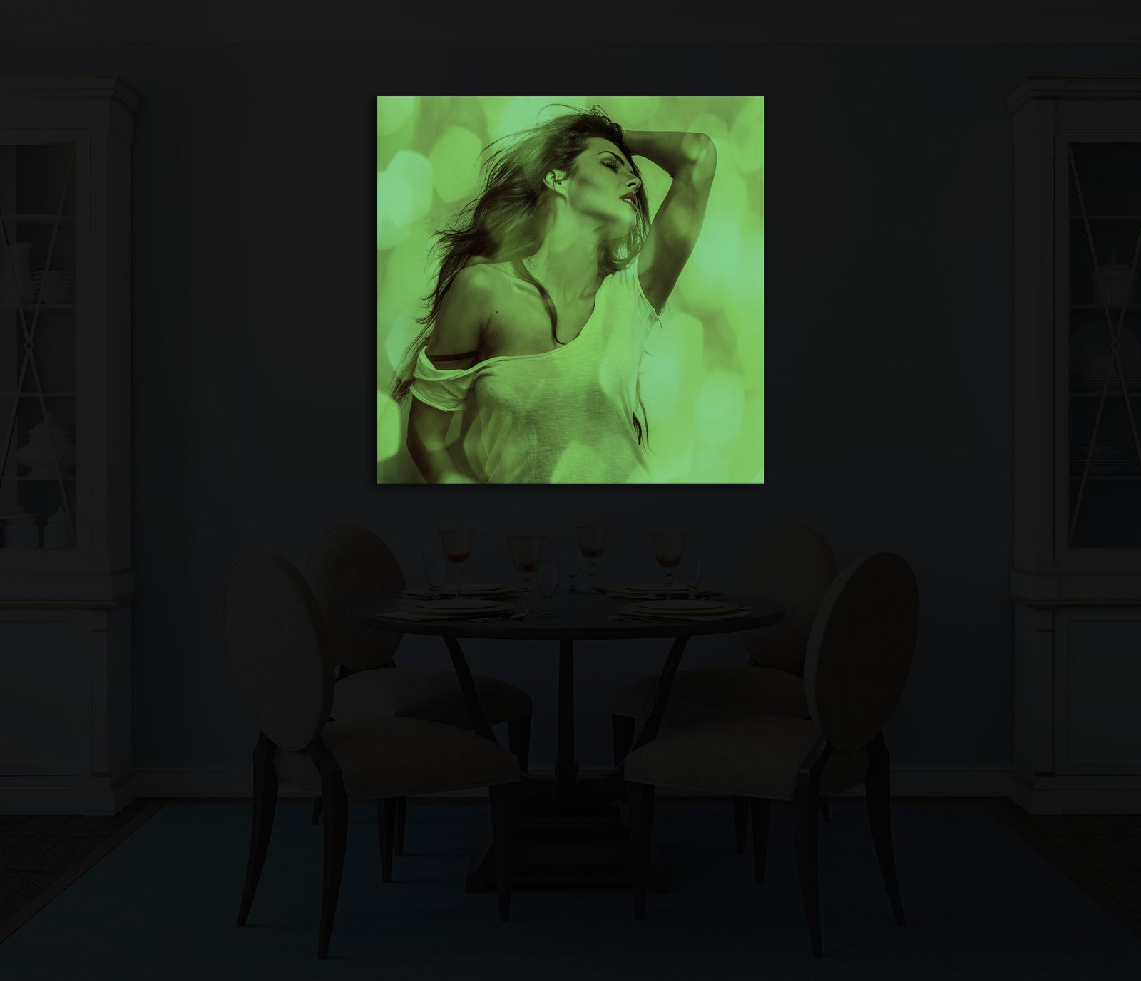 People No. 021, glowing in a room at night