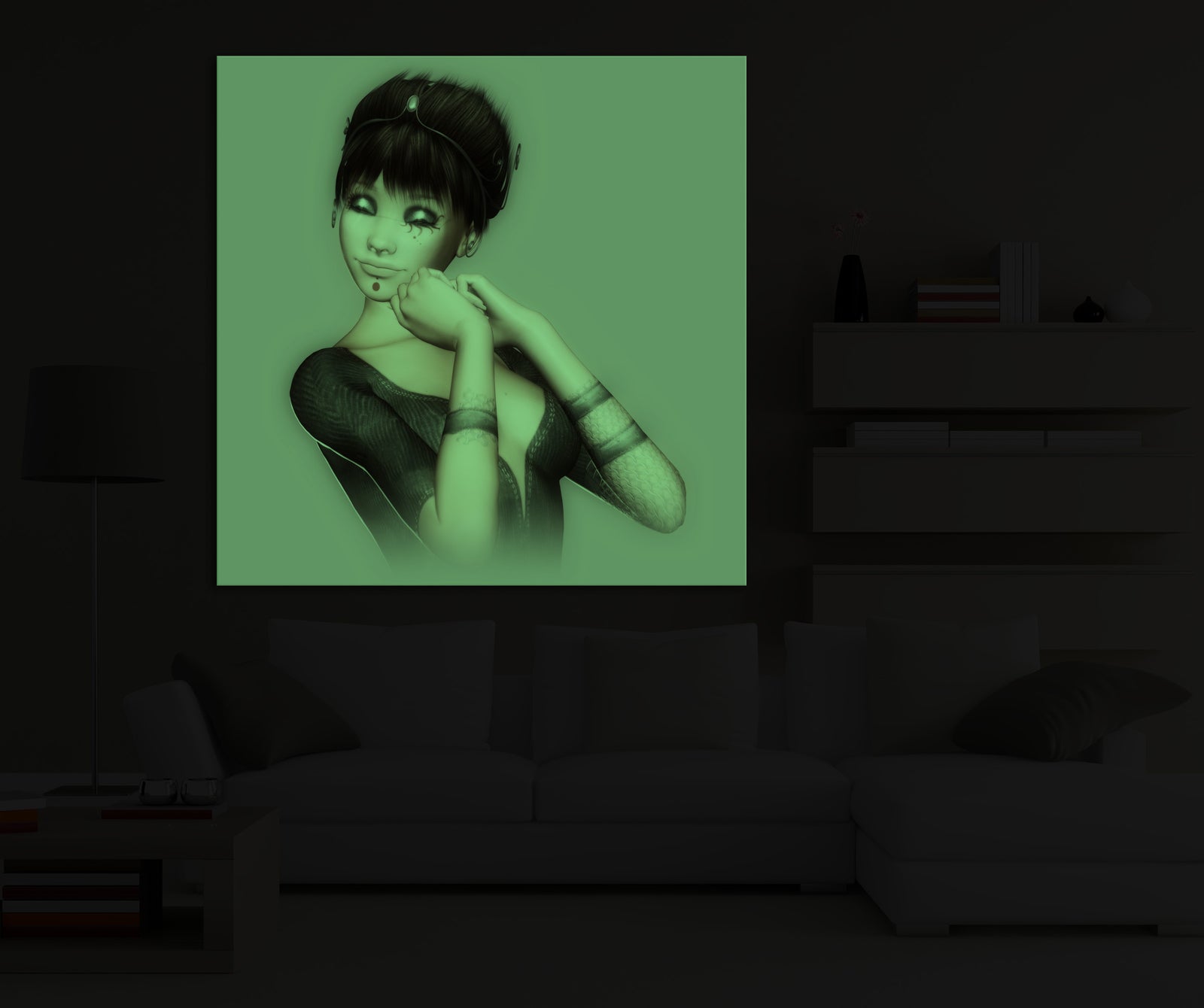 People No. 024, glowing in a room at night