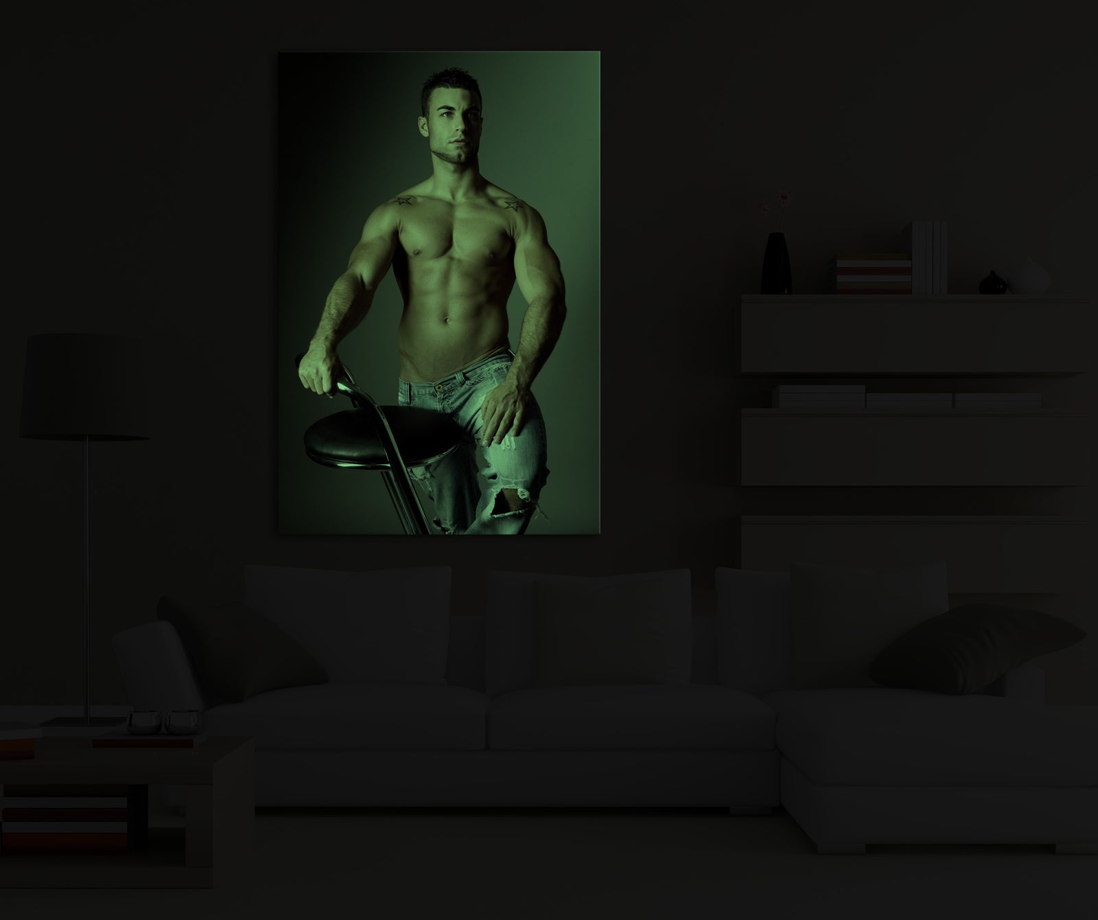 People No. 027, glowing in a room at night