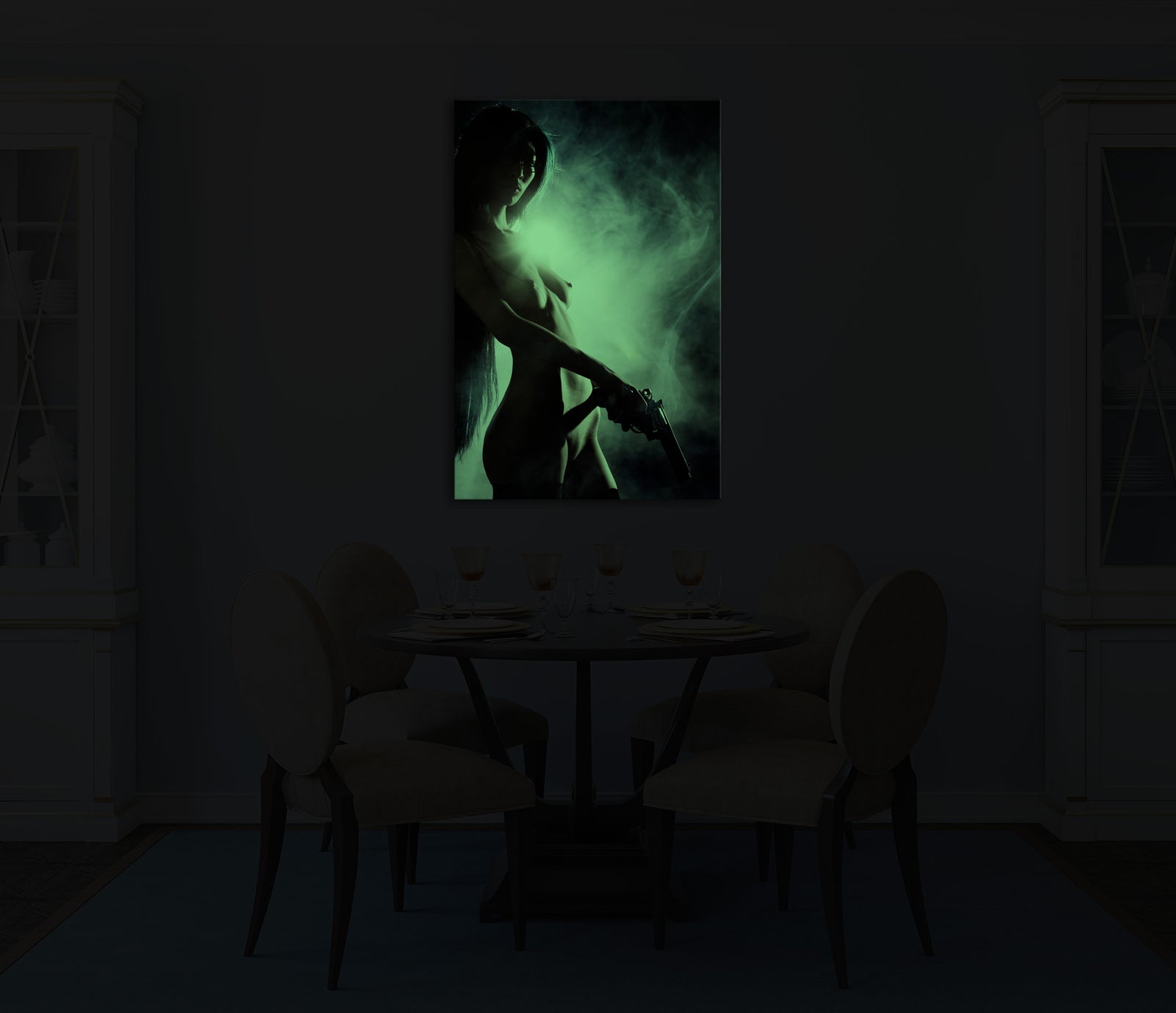 People No. 028, glowing in a room at night