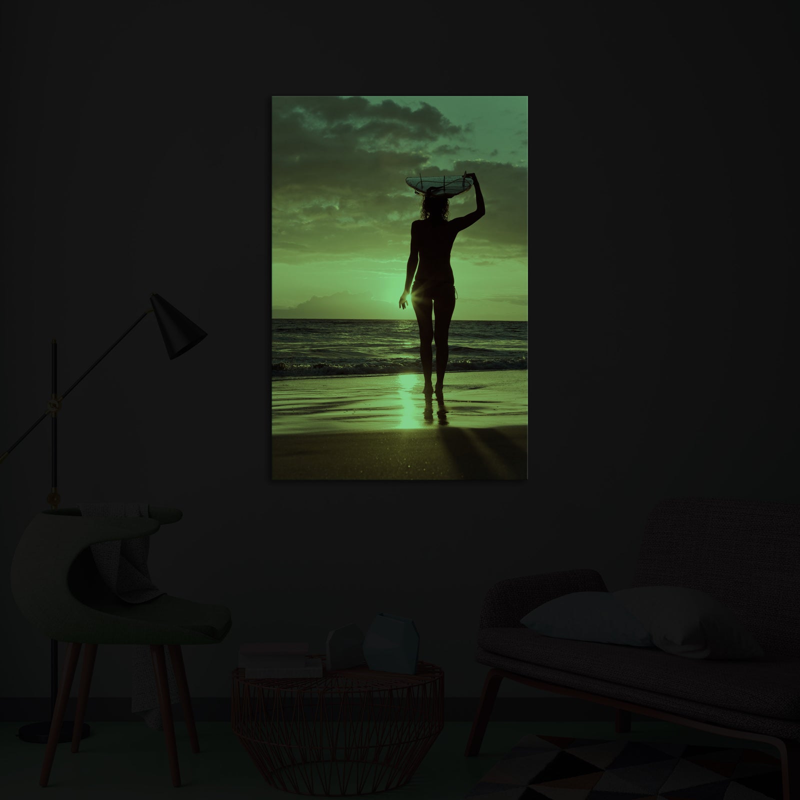 People No. 032, glowing in a room at night