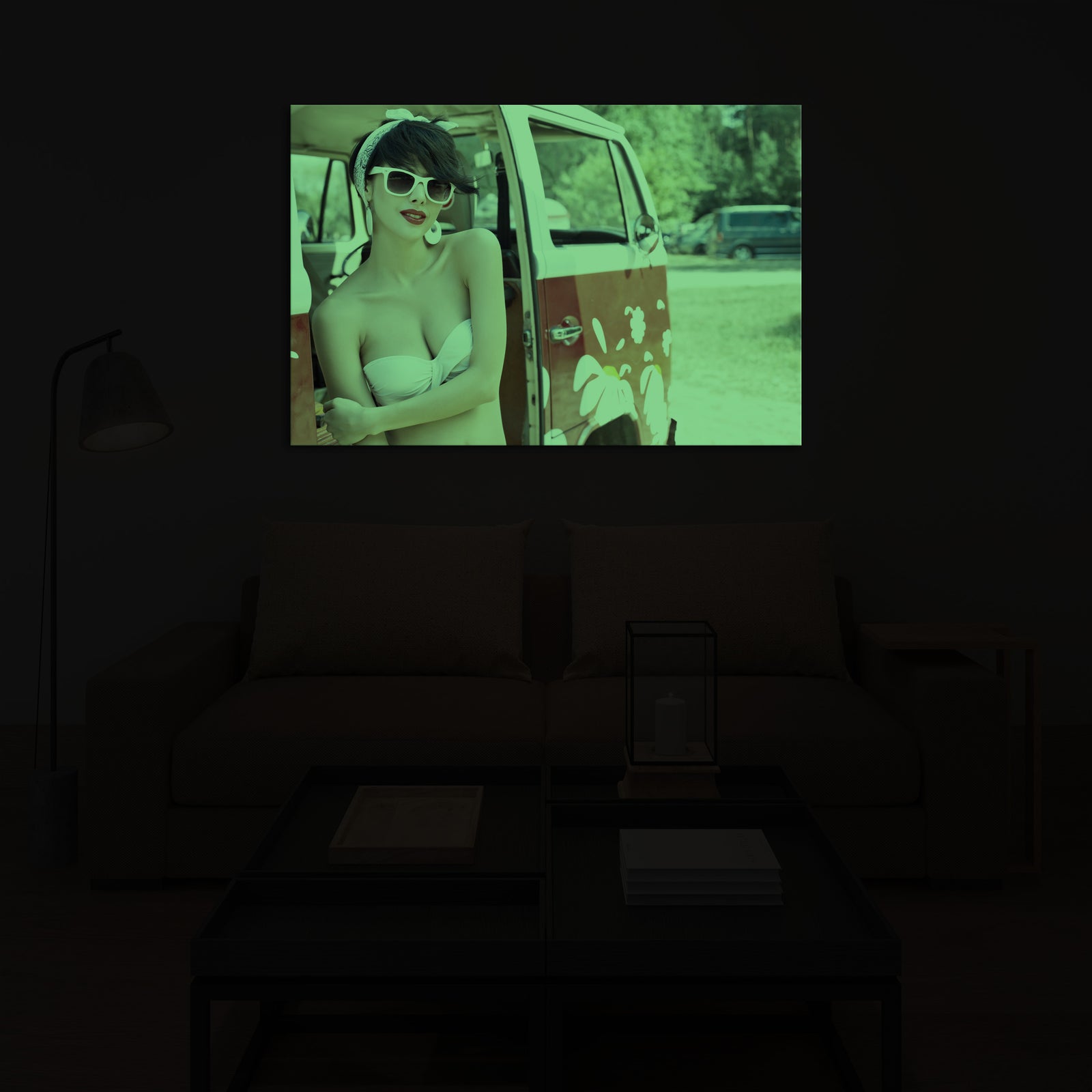 People No. 033, glowing in a room at night