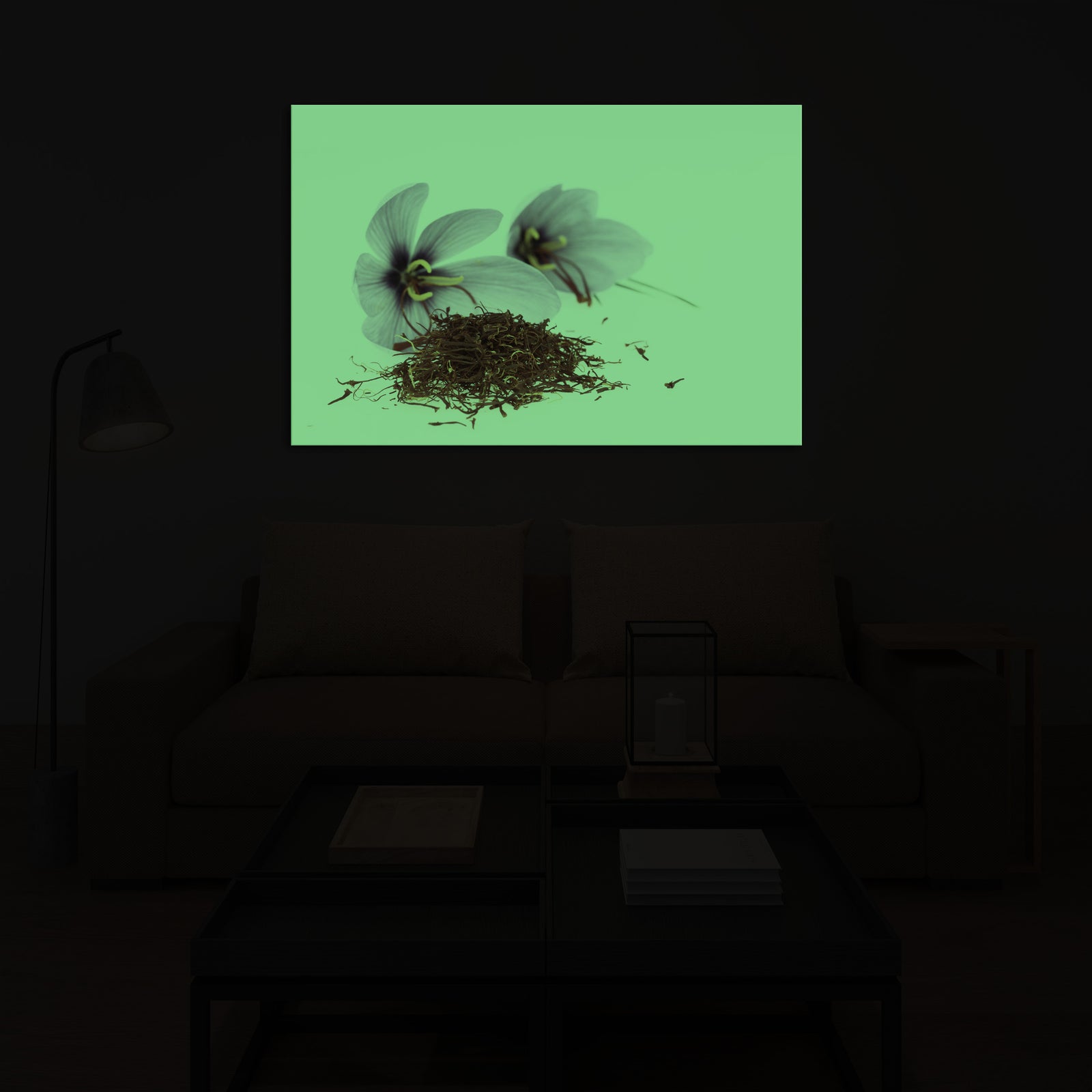 Flowers No. 001, glowing in a room at night