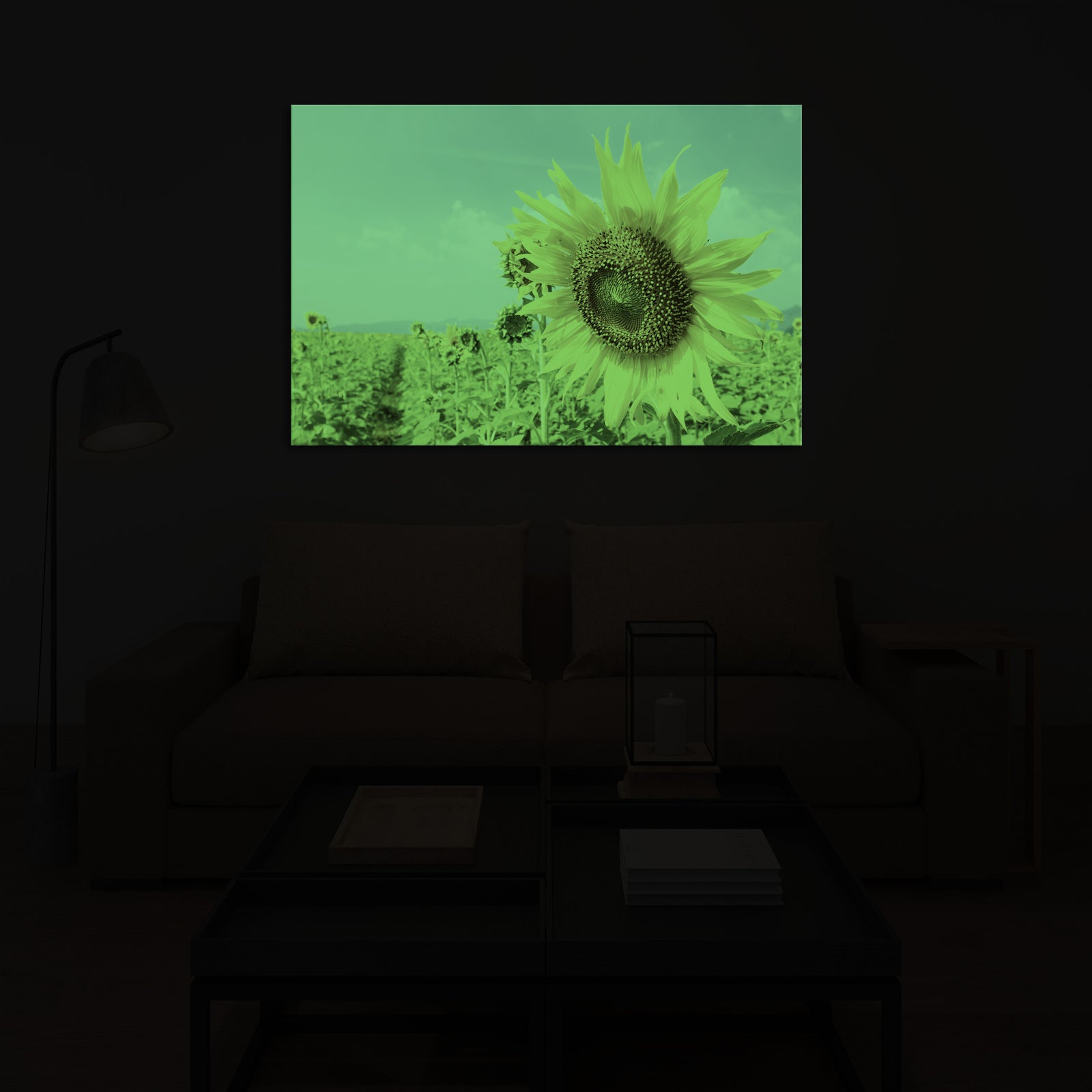 Flowers No. 002, glowing in a room at night