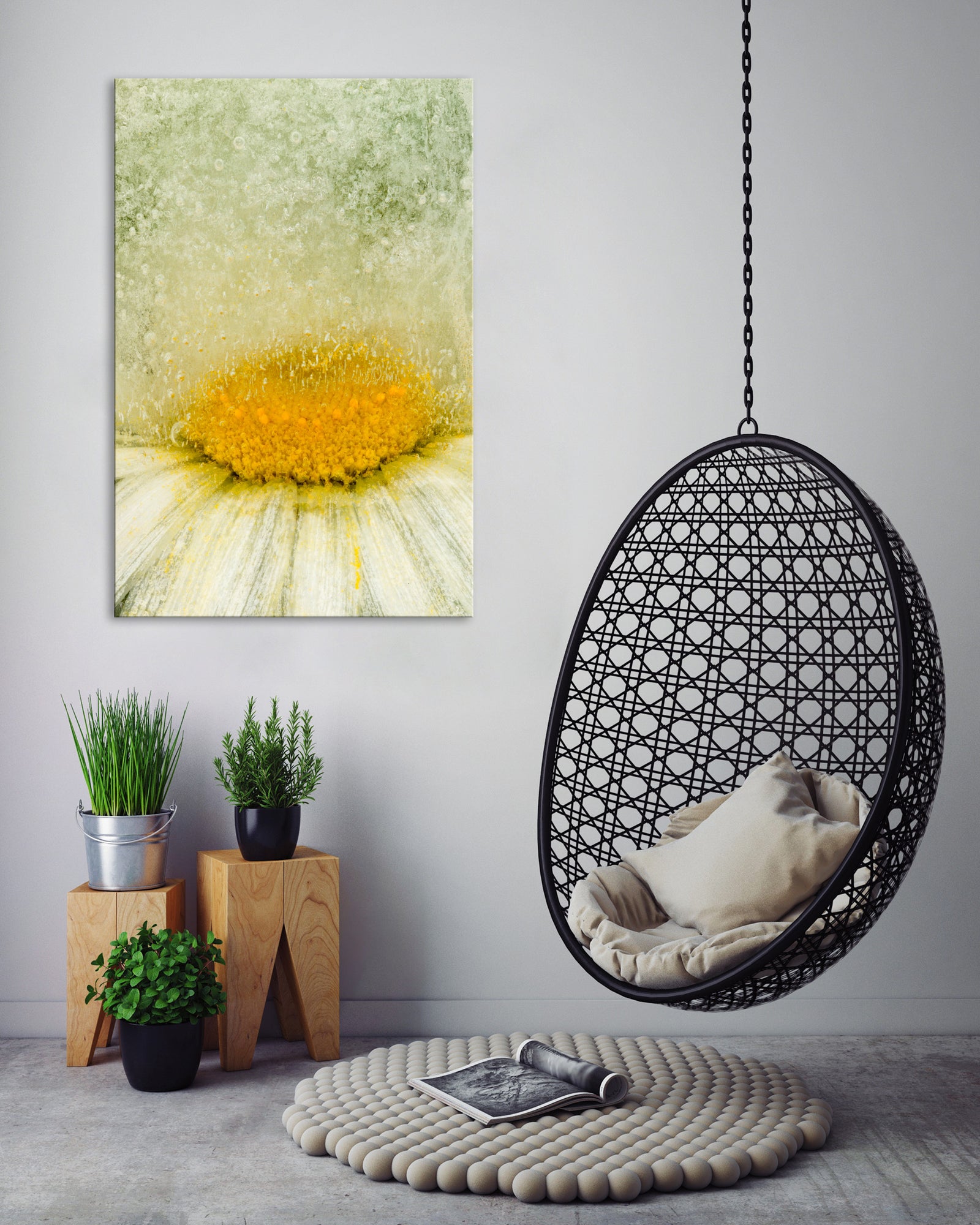Flowers No. 003, shown framed in a room by day
