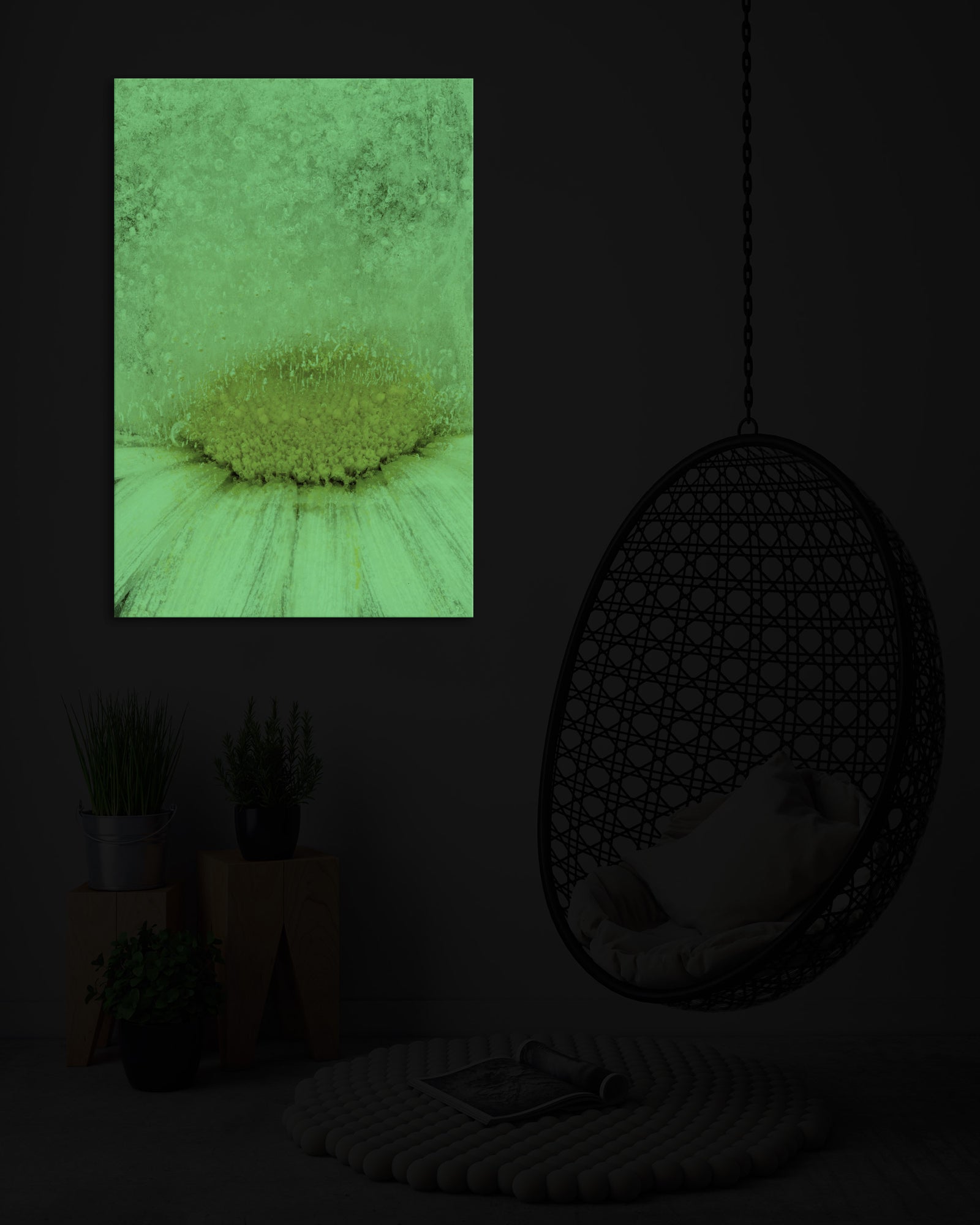 Flowers No. 003, glowing in a room at night
