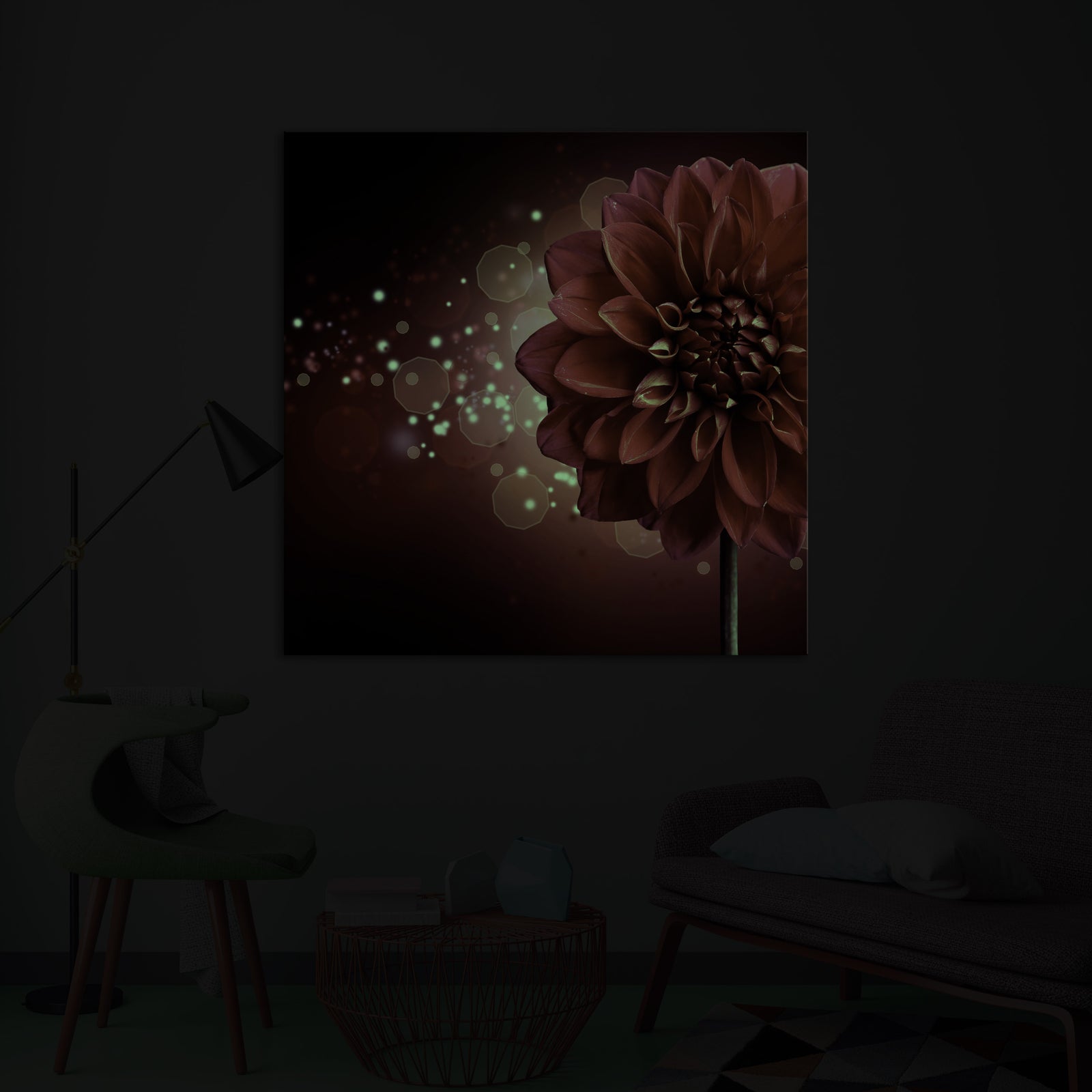 Flowers No. 004, glowing in a room at night
