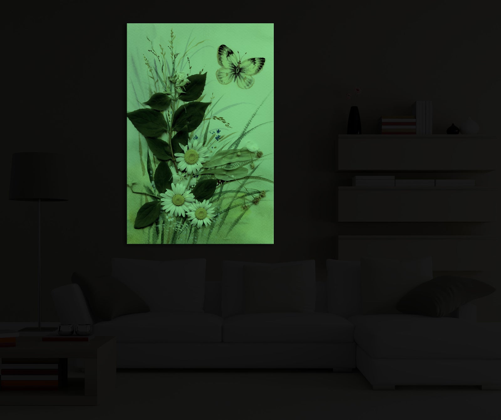 Flowers No. 007, glowing in a room at night