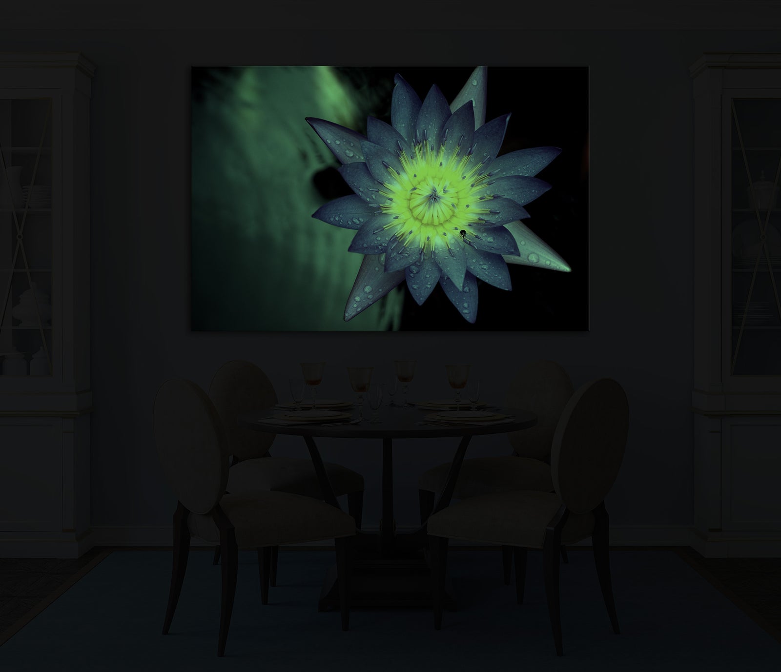 Flowers No. 009, glowing in a room at night