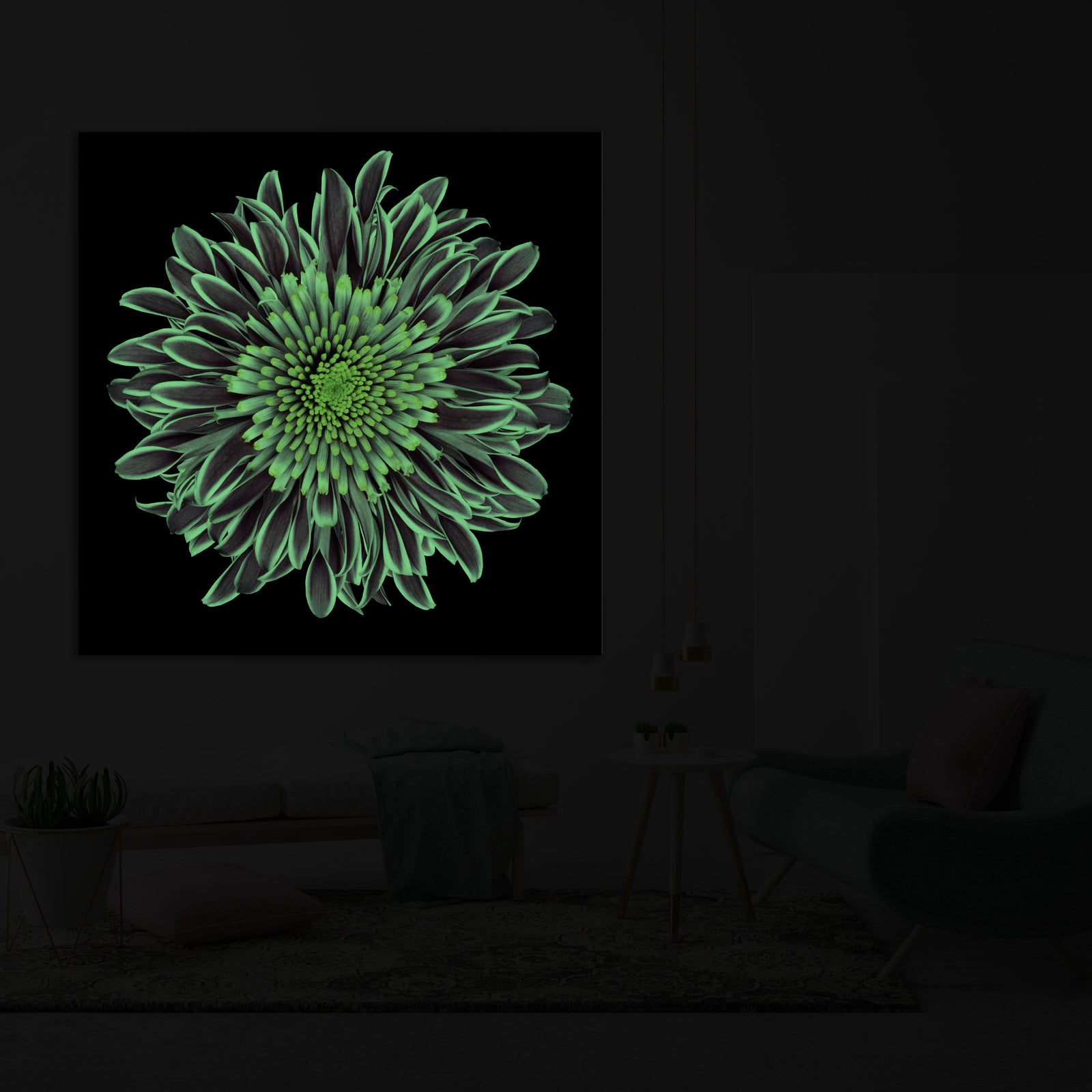 Flowers No. 010, glowing in a room at night