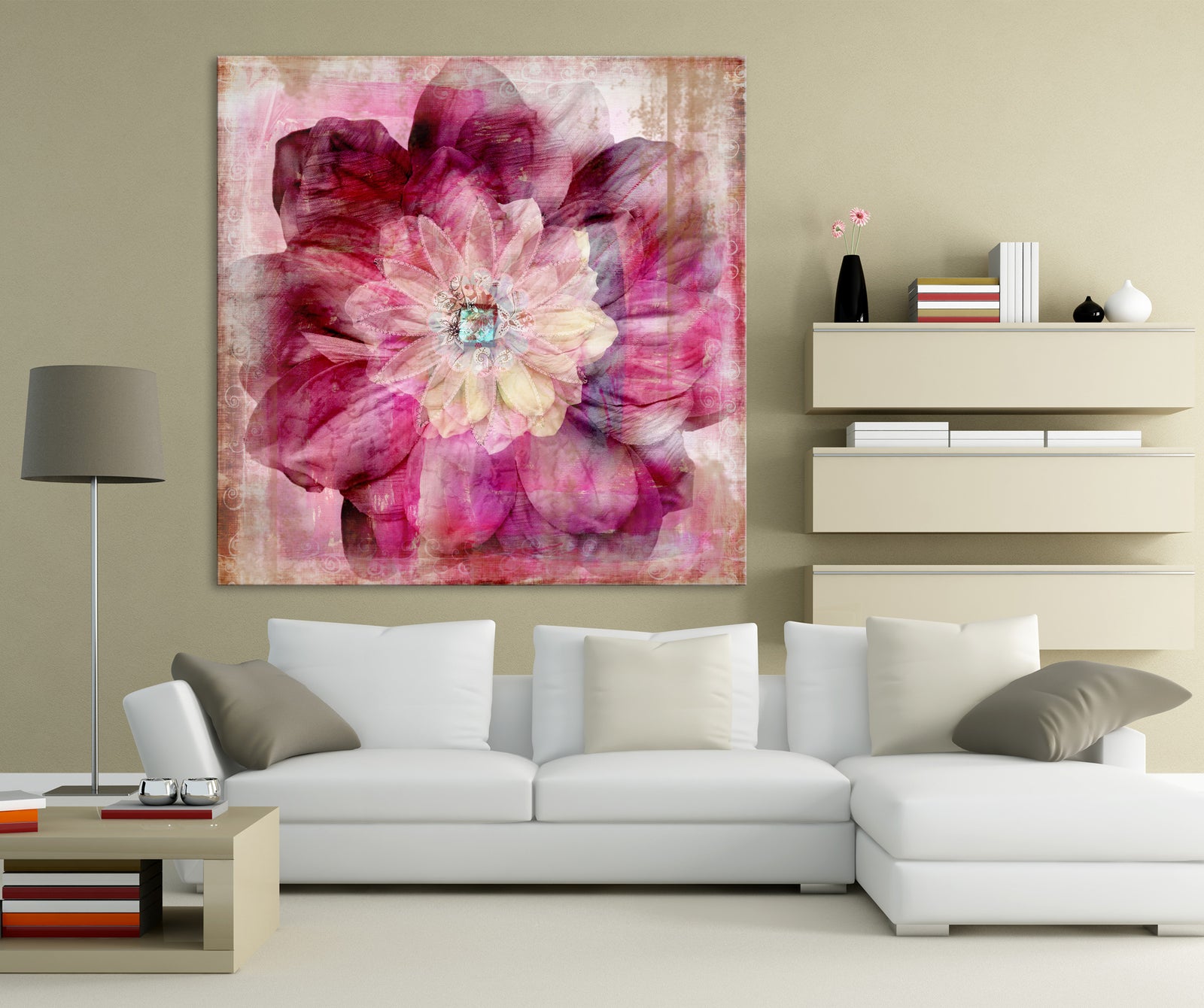 Flowers No. 014, shown framed in a room by day