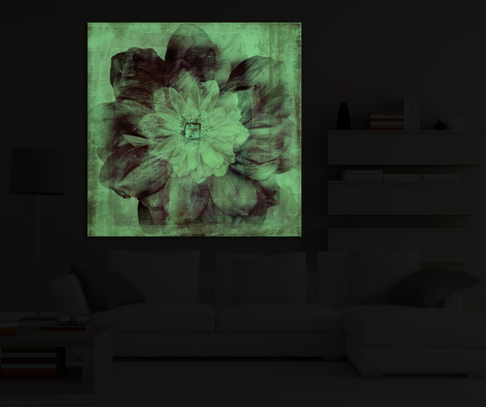Flowers No. 014, glowing in a room at night