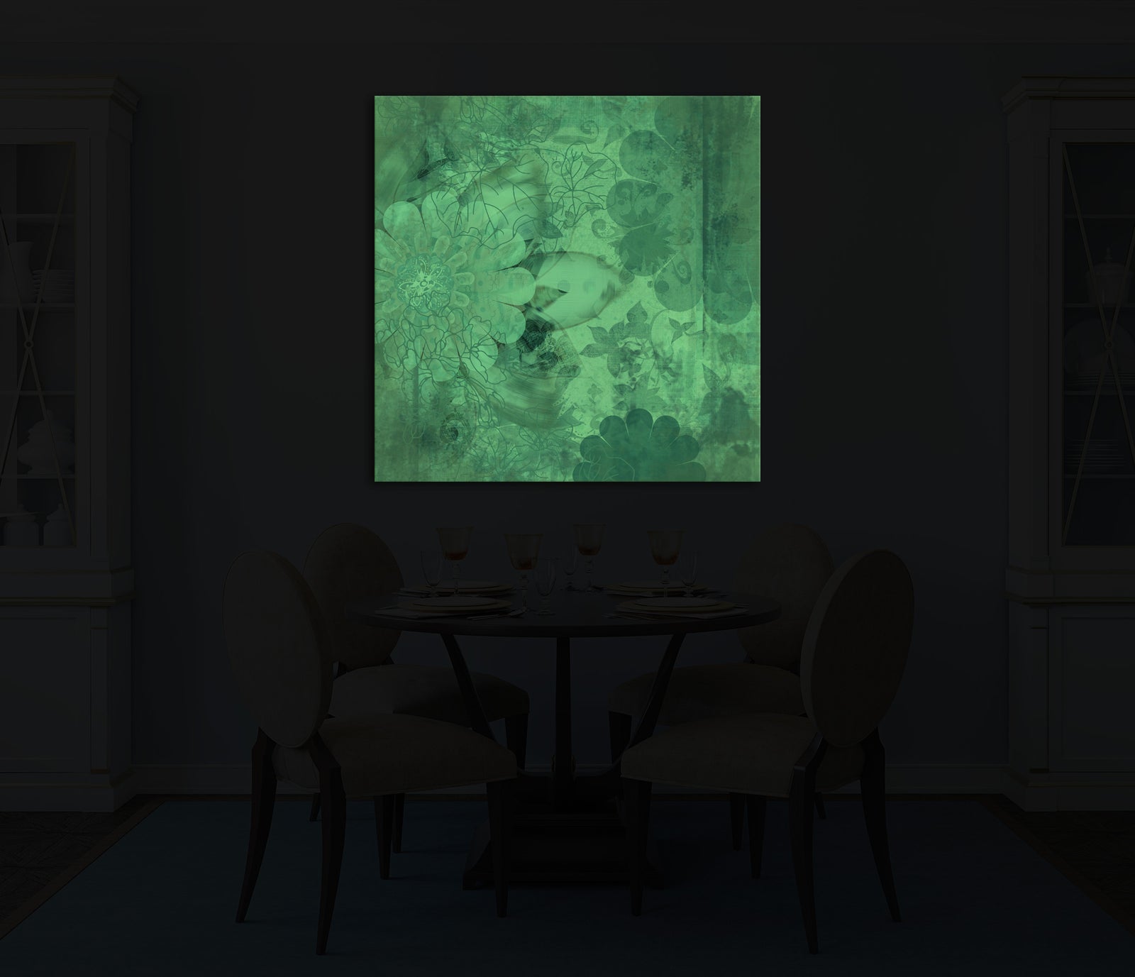 Flowers No. 015, glowing in a room at night