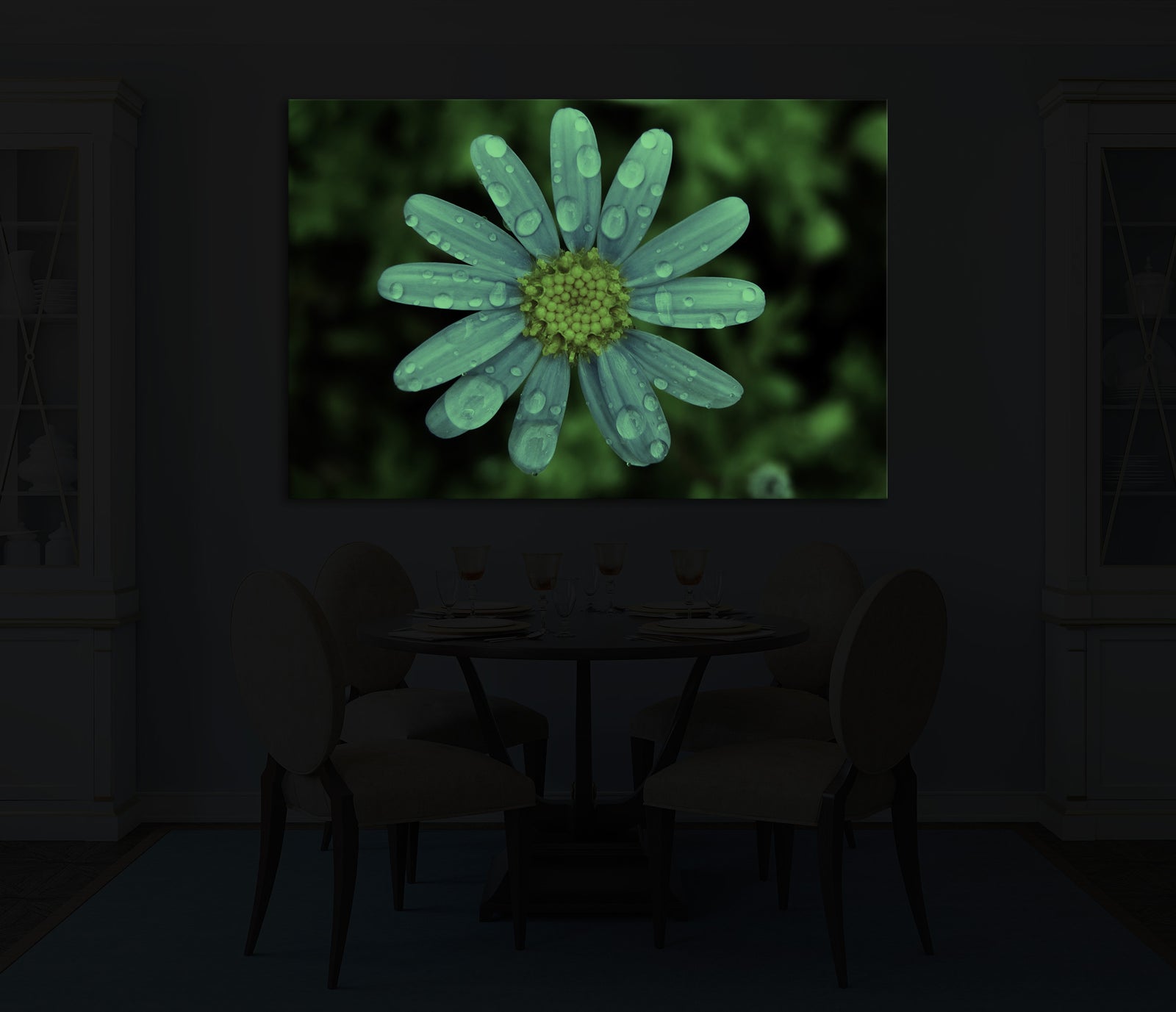 Flowers No. 016, glowing in a room at night