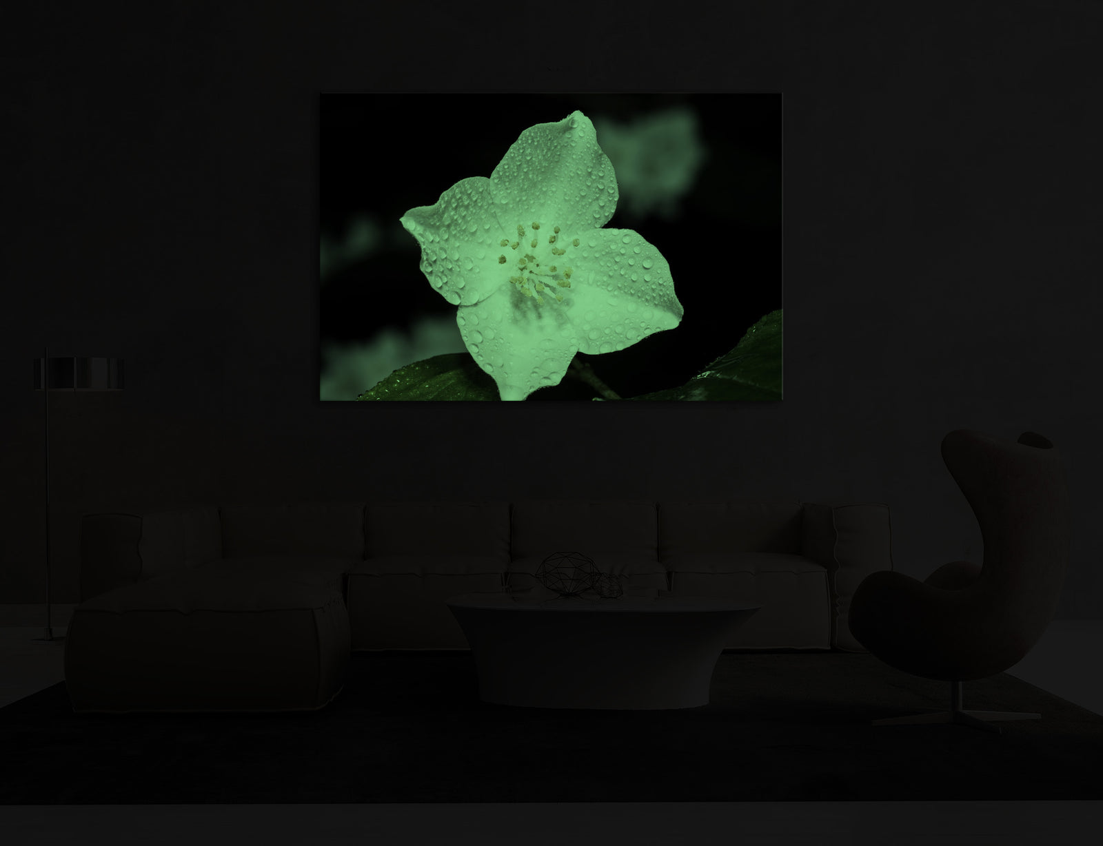 Flowers No. 017, glowing in a room at night