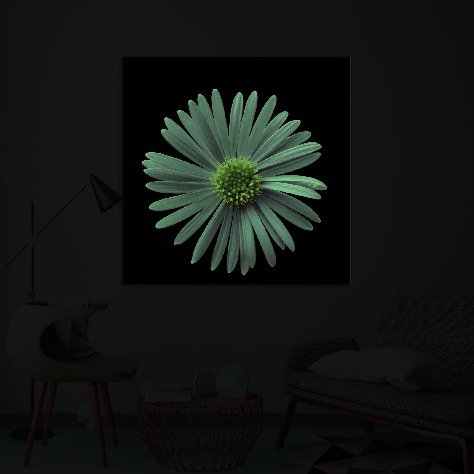 Flowers No. 020, glowing in a room at night