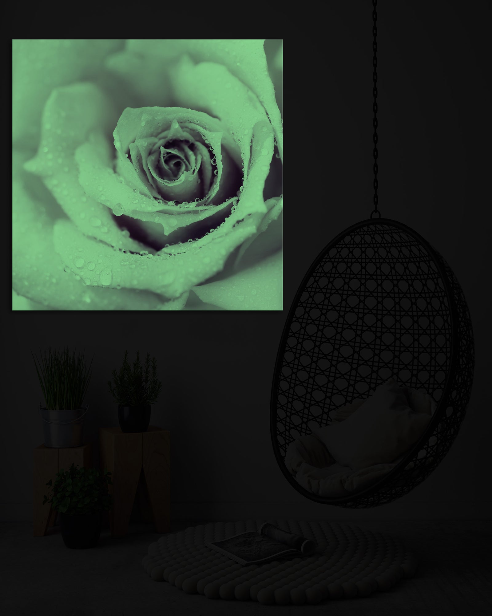Flowers No. 021, glowing in a room at night