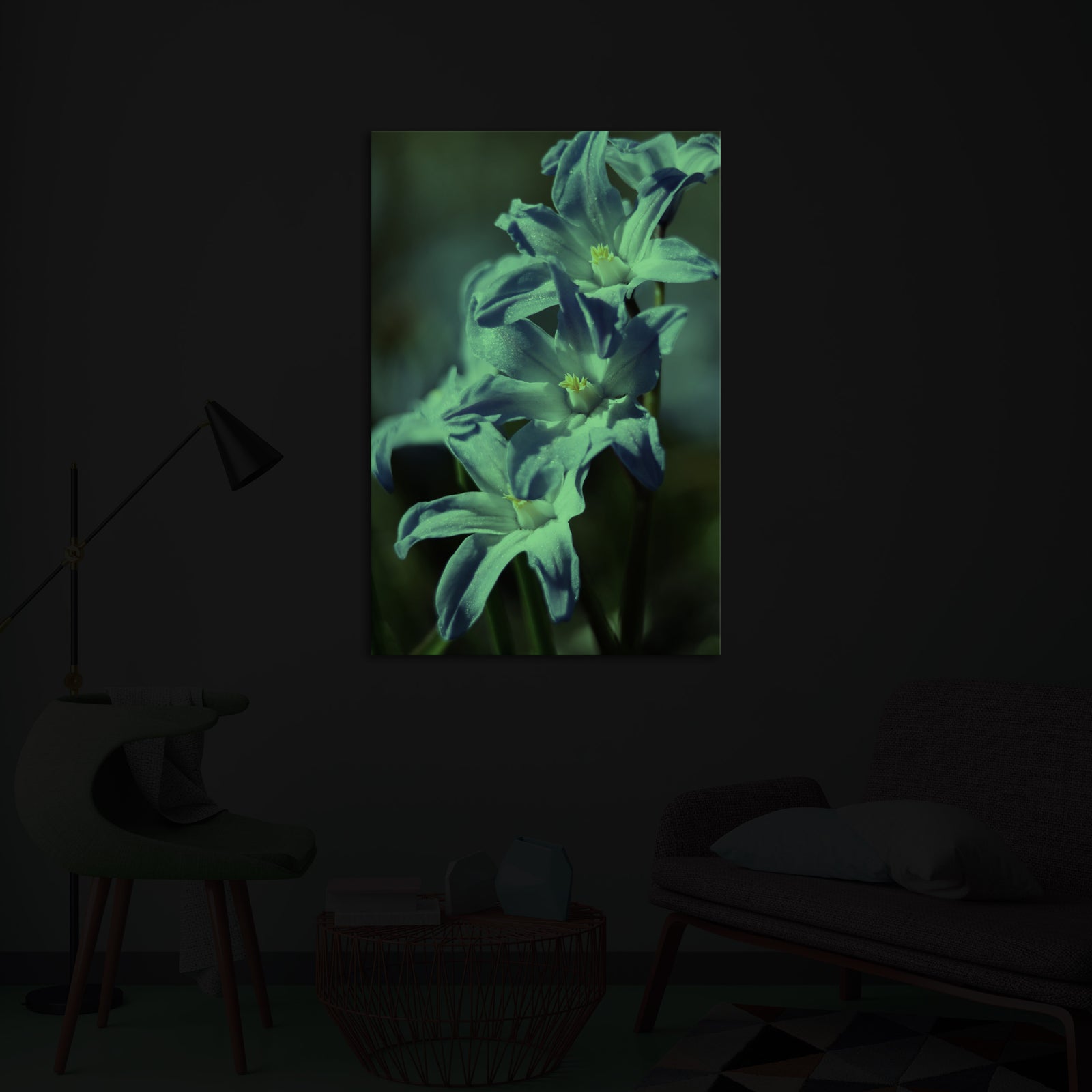 Flowers No. 027, glowing in a room at night