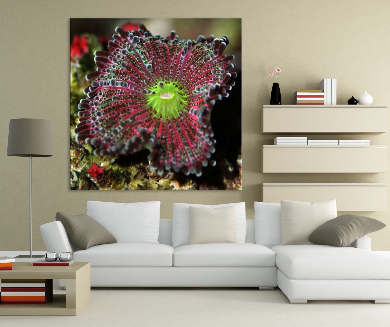Flowers No. 028, shown framed in a room by day