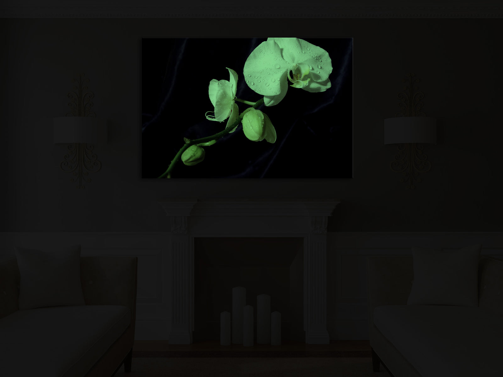 Flowers No. 032, glowing in a room at night