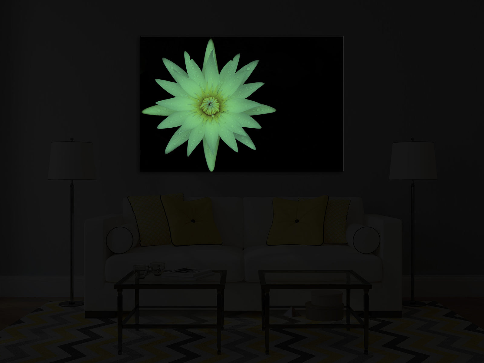 Flowers No. 033, glowing in a room at night