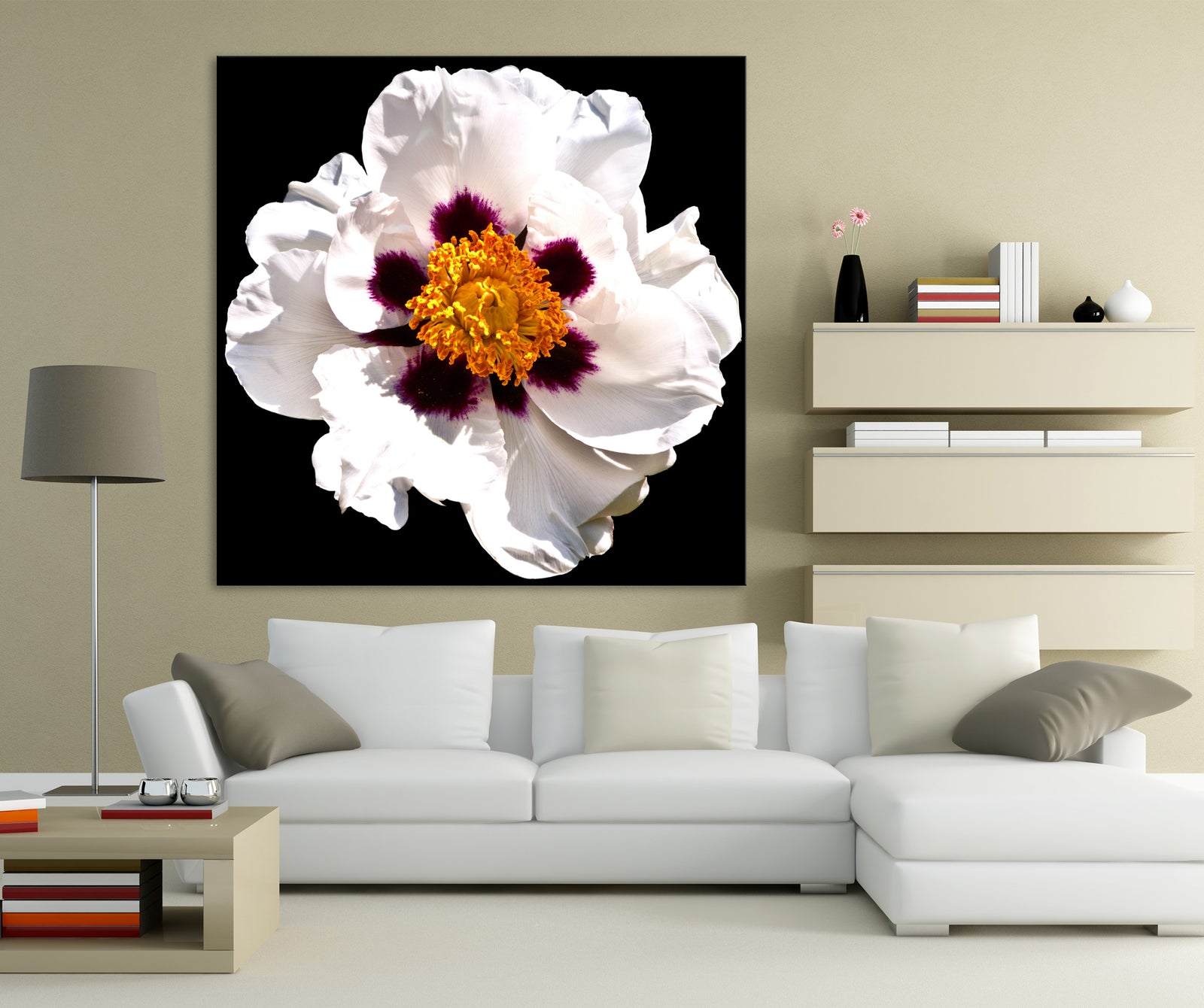 Flowers No. 034, shown framed in a room by day