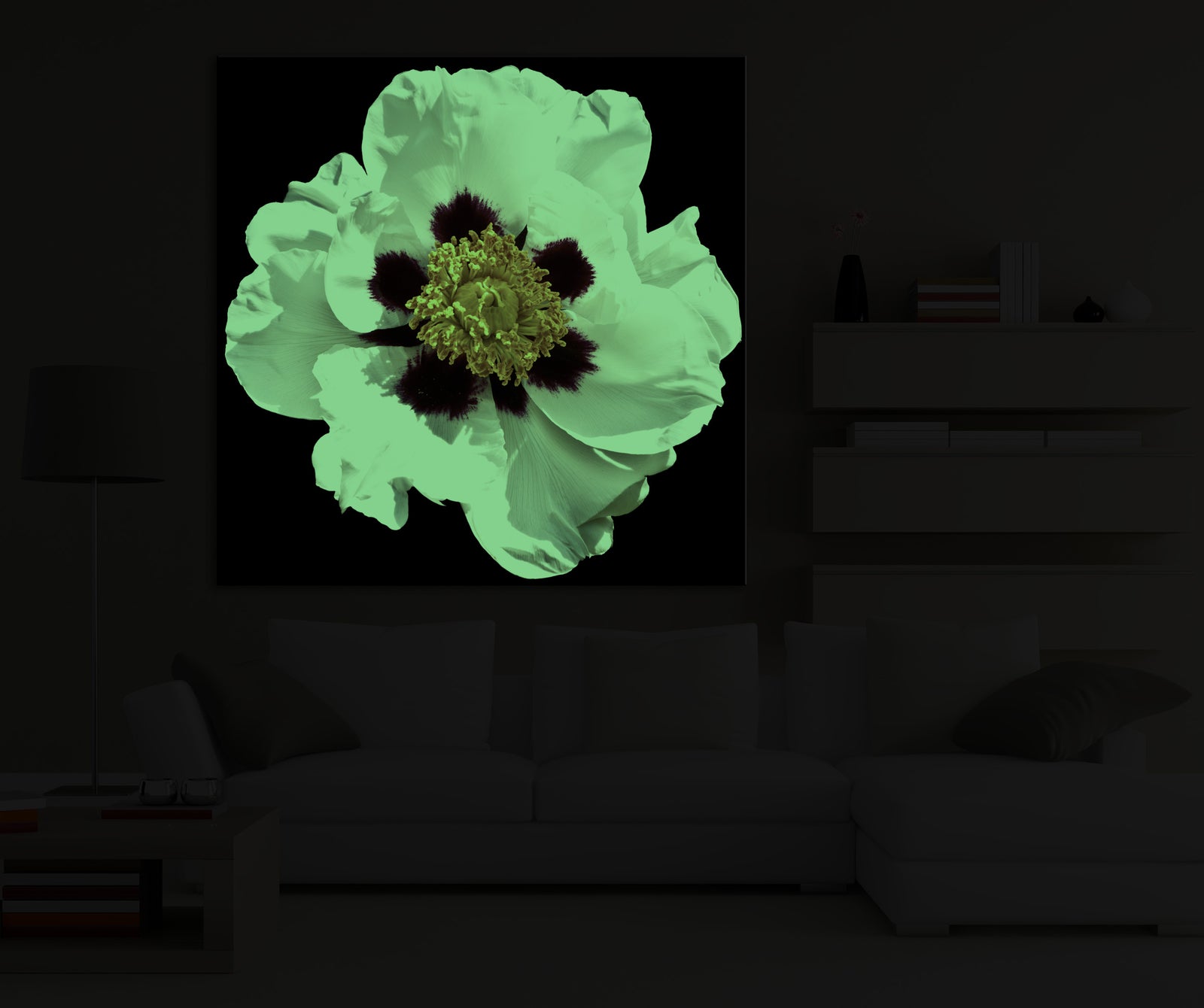 Flowers No. 034, glowing in a room at night