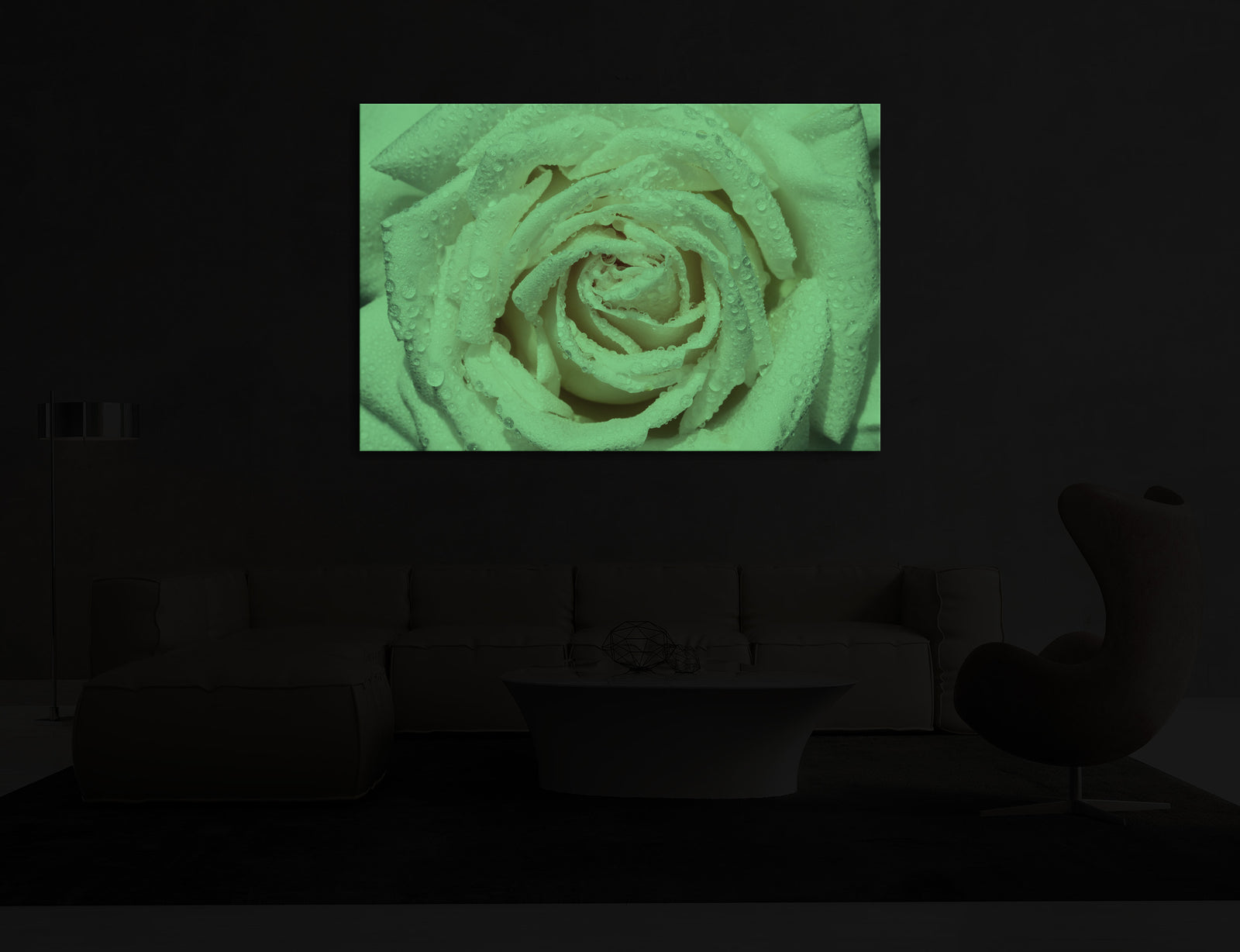 Flowers No. 036, glowing in a room at night