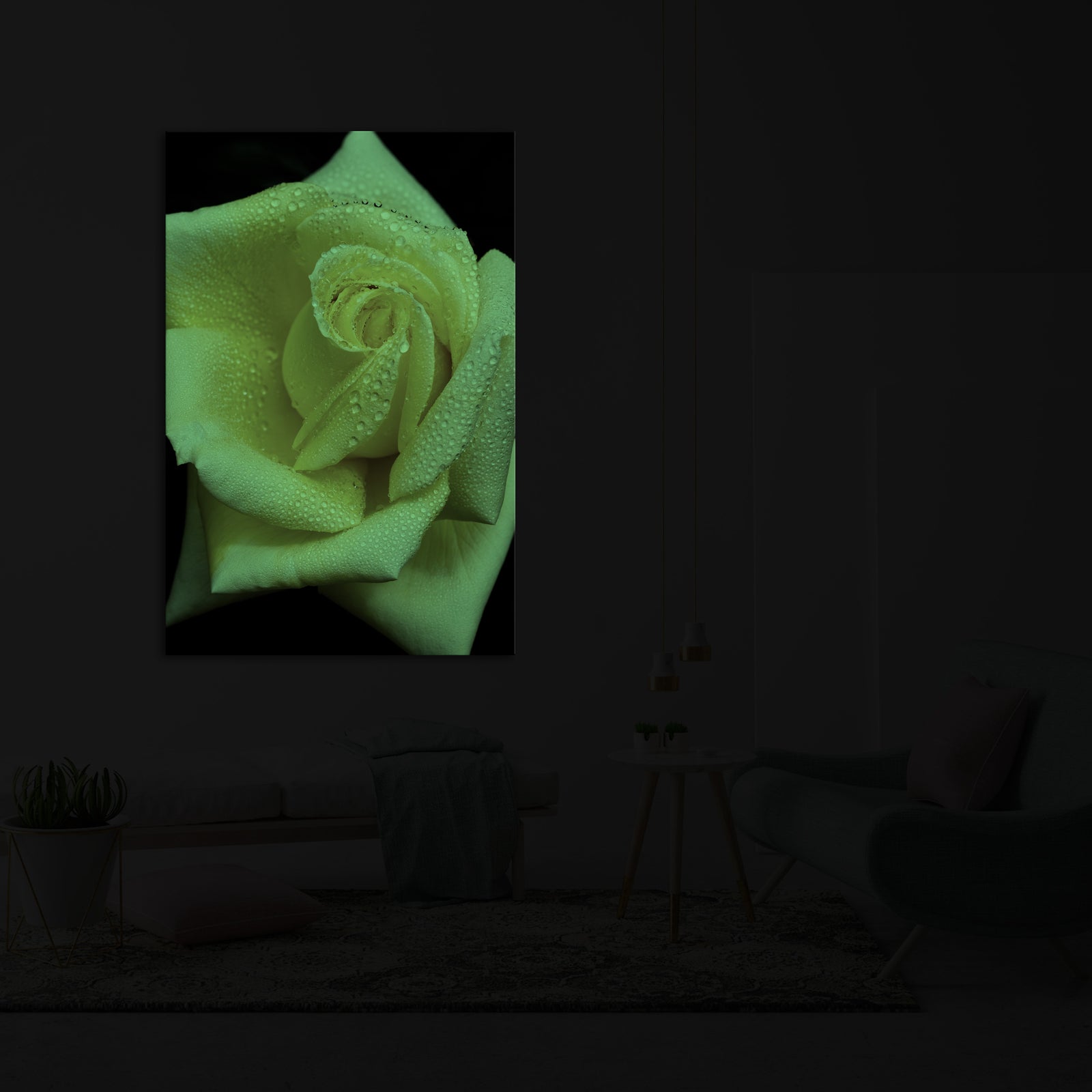 Flowers No. 038, glowing in a room at night
