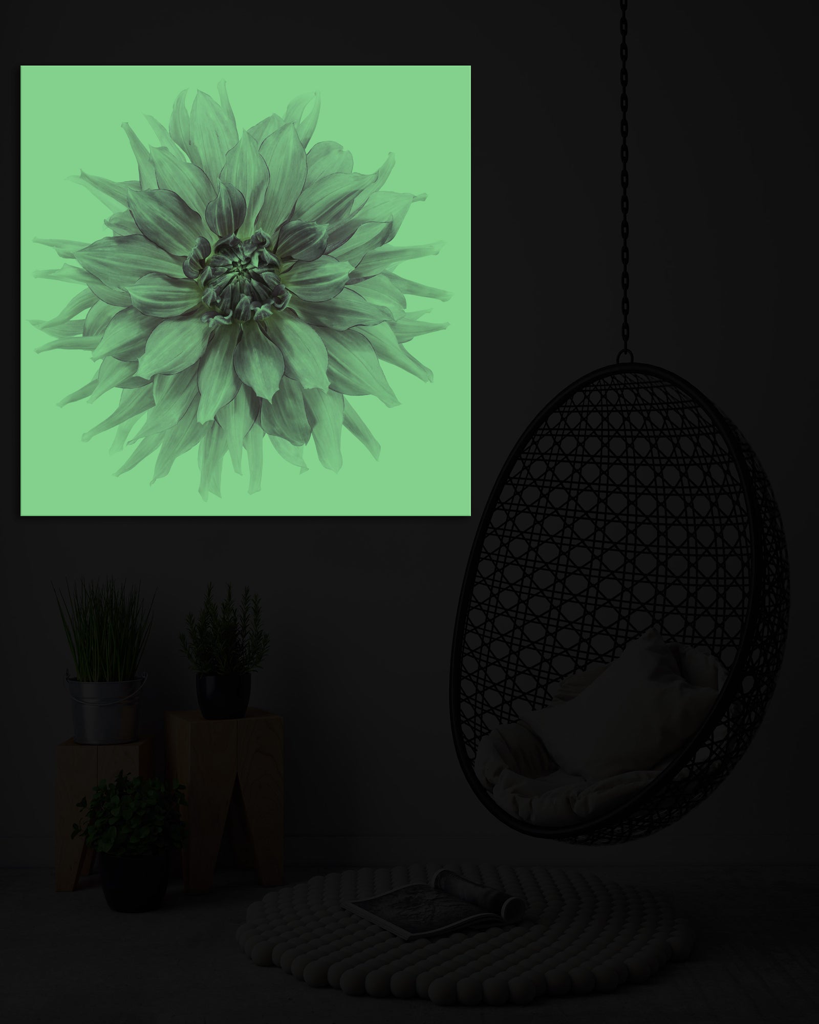 Flowers No. 039, glowing in a room at night