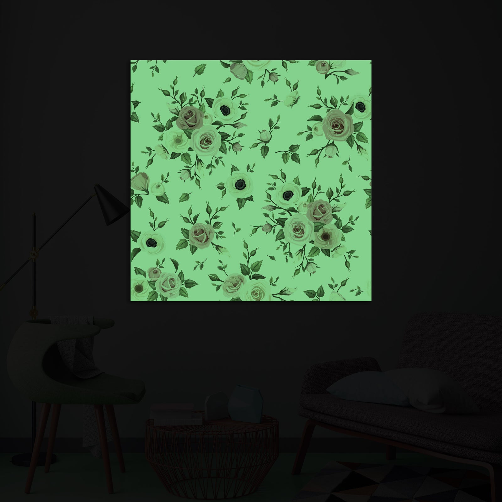 Flowers No. 041, glowing in a room at night