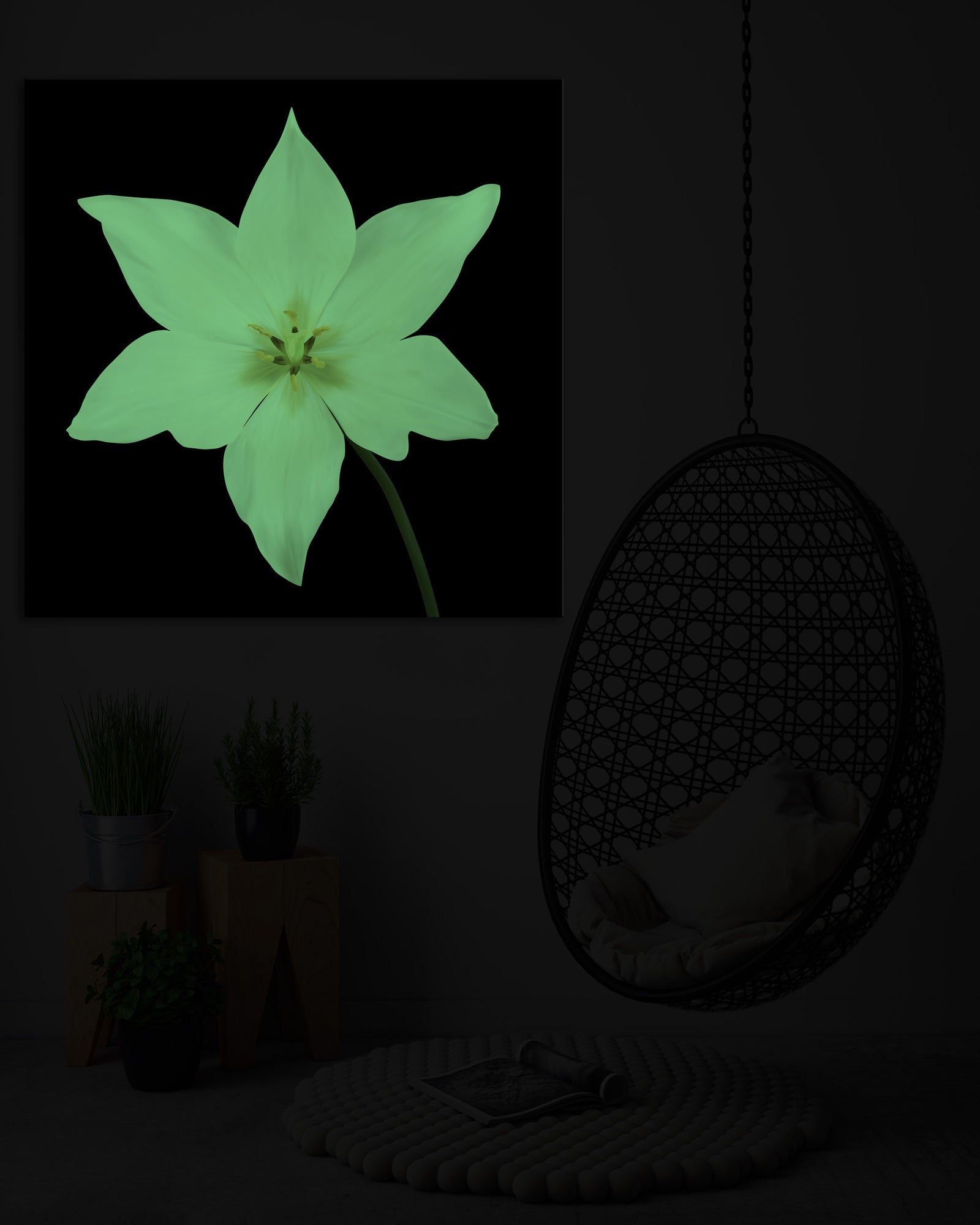 Flowers No. 042, glowing in a room at night