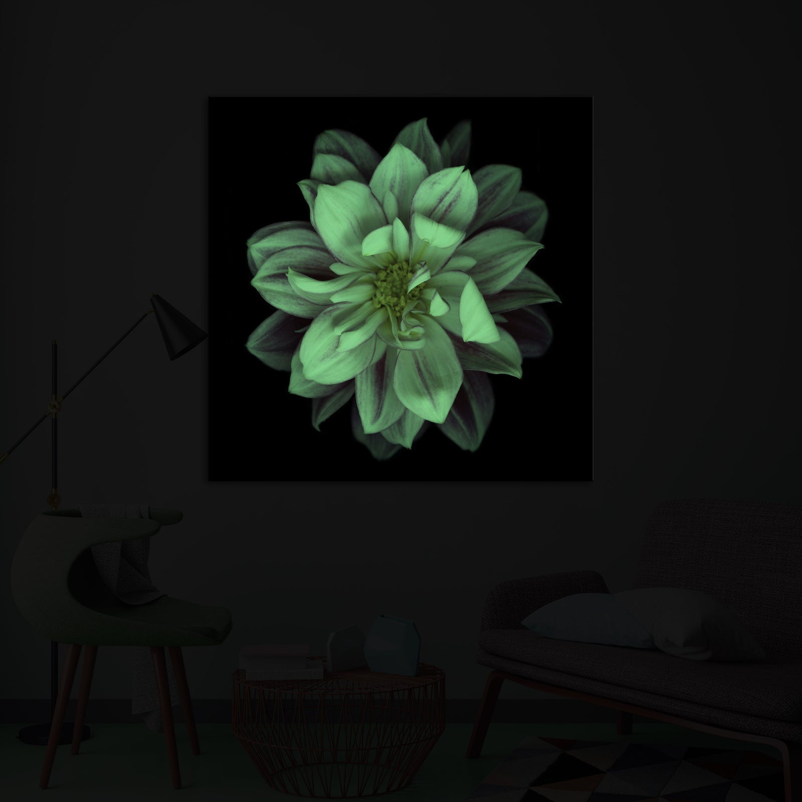Flowers No. 043, glowing in a room at night