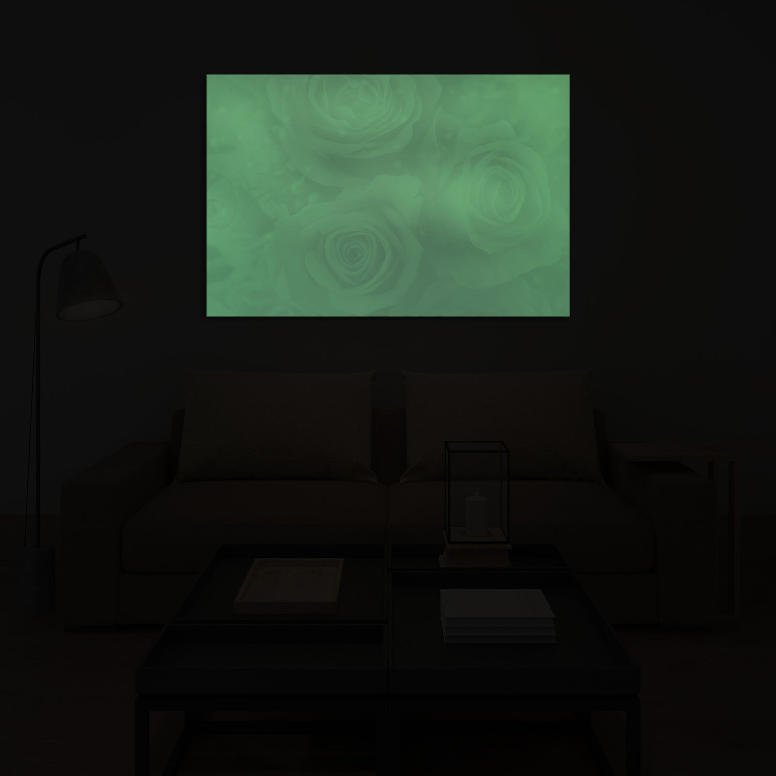 Flowers No. 047, glowing in a room at night