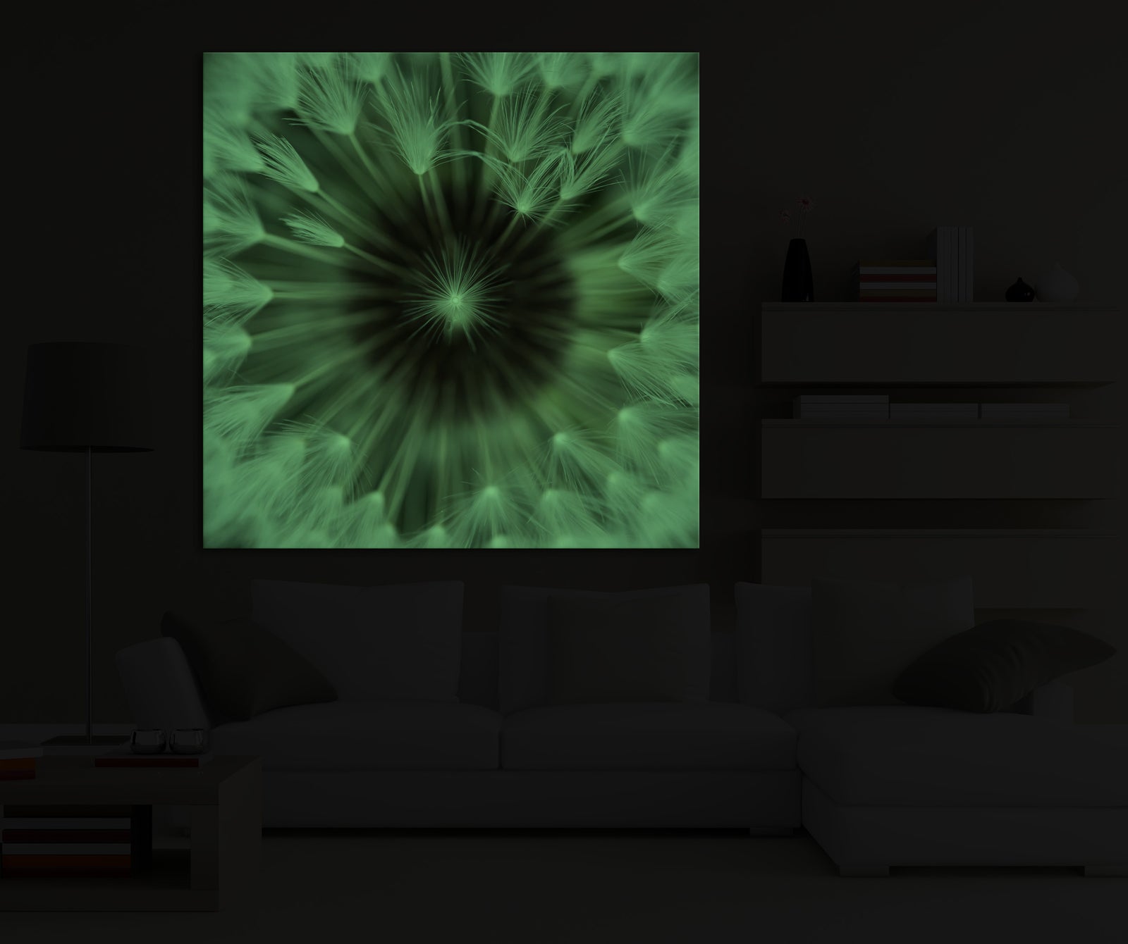 Flowers No. 048, glowing in a room at night