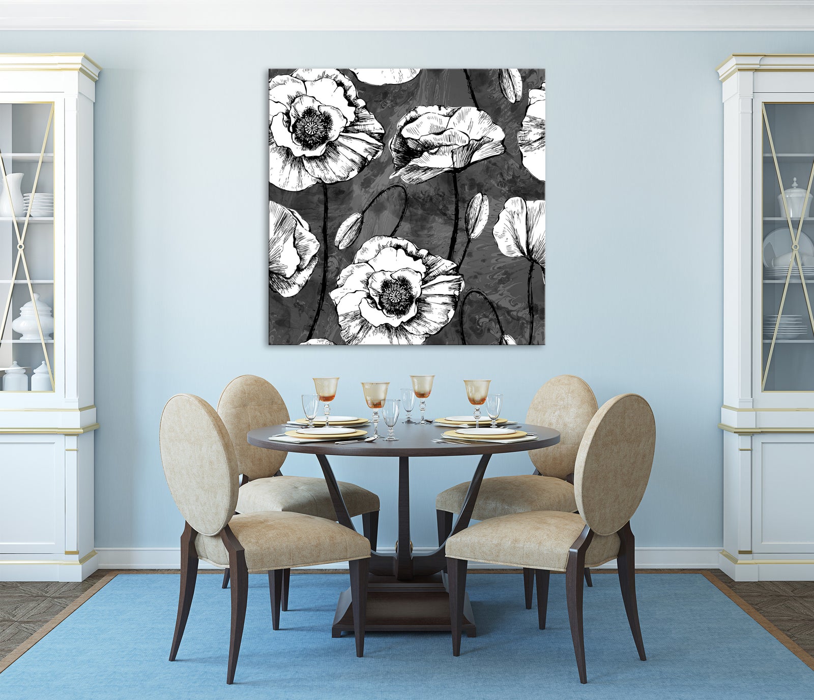Flowers No. 049, shown framed in a room by day