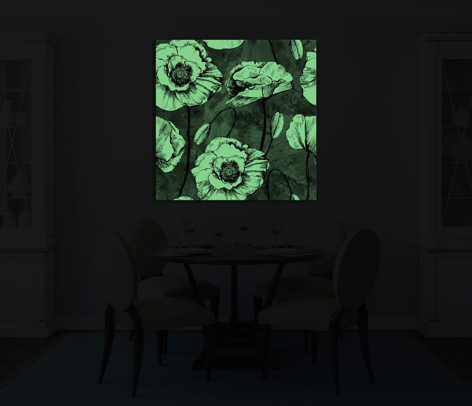 Flowers No. 049, glowing in a room at night