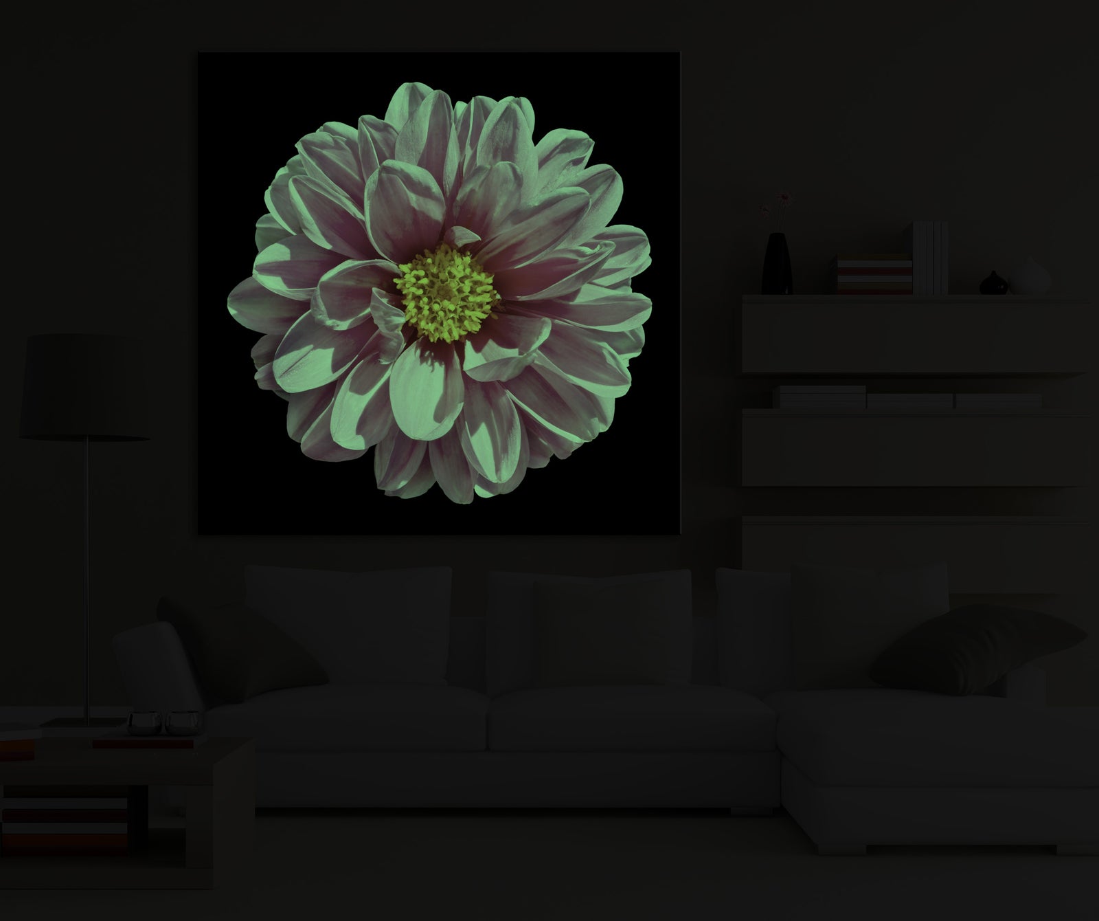 Flowers No. 050, glowing in a room at night