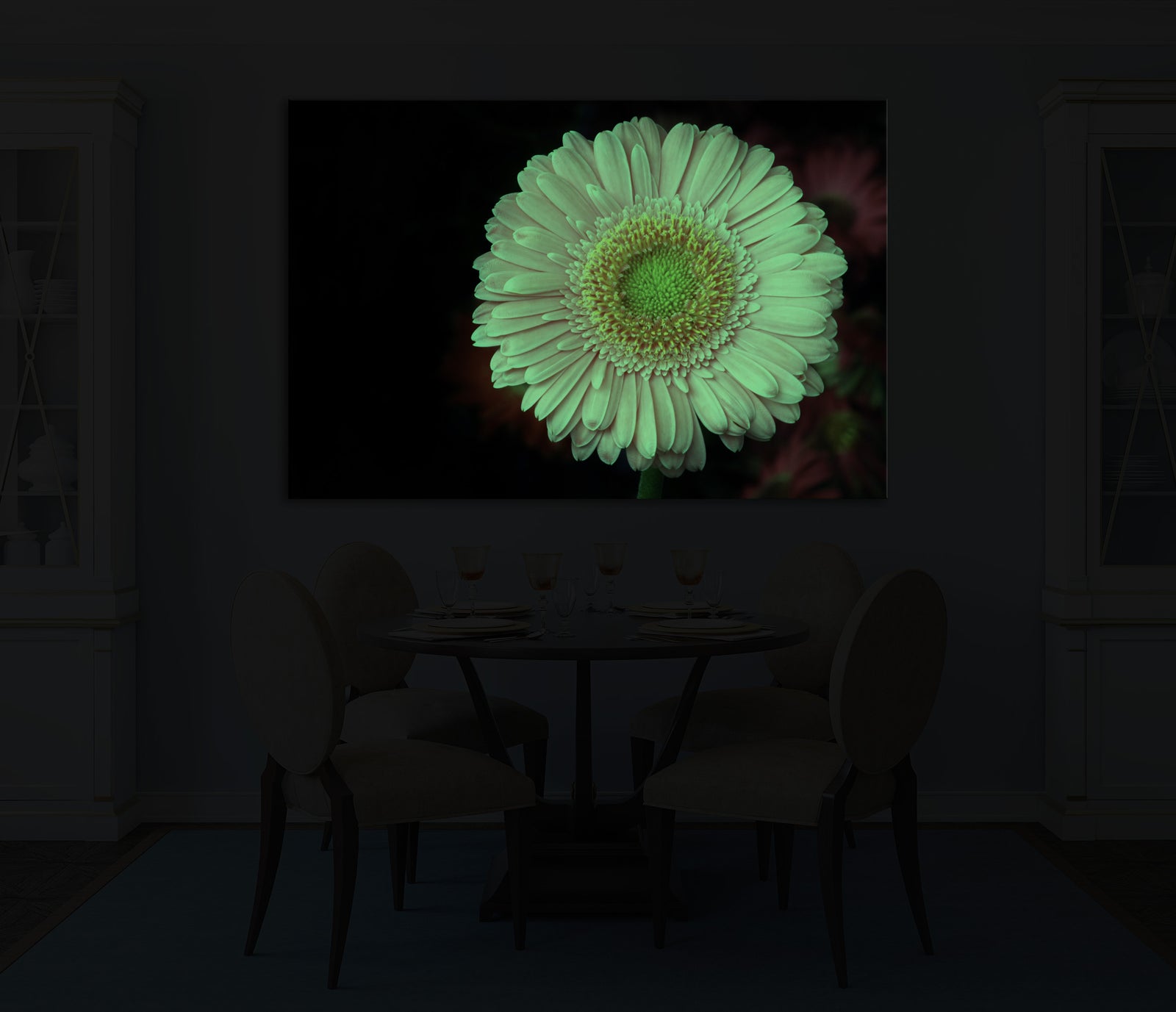 Flowers No. 051, glowing in a room at night