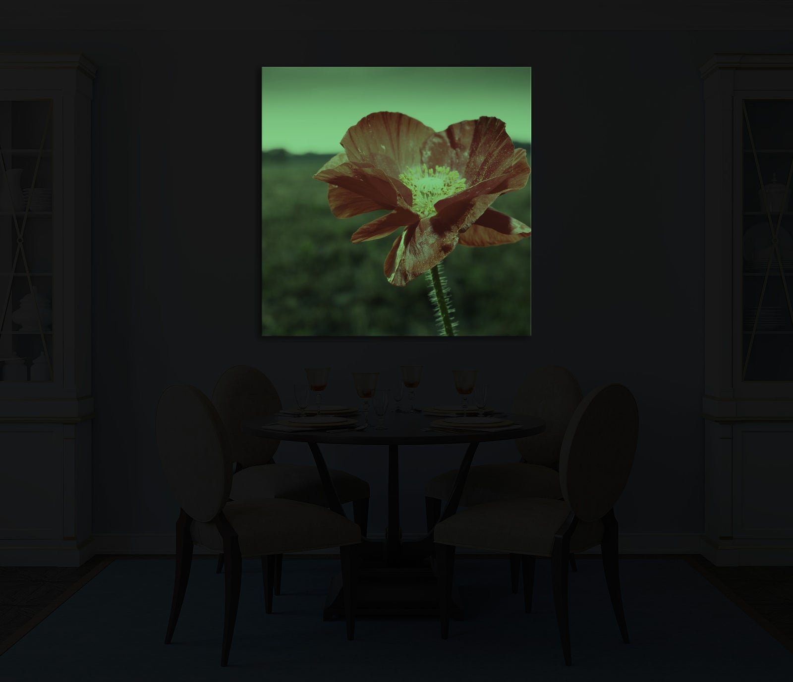 Flowers No. 052, glowing in a room at night