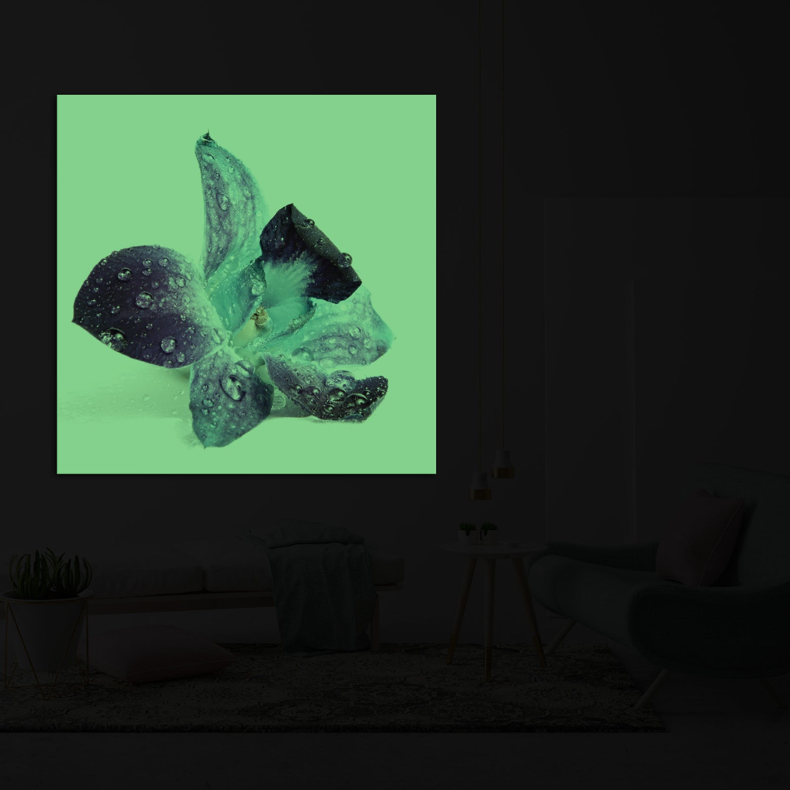 Flowers No. 053, glowing in a room at night