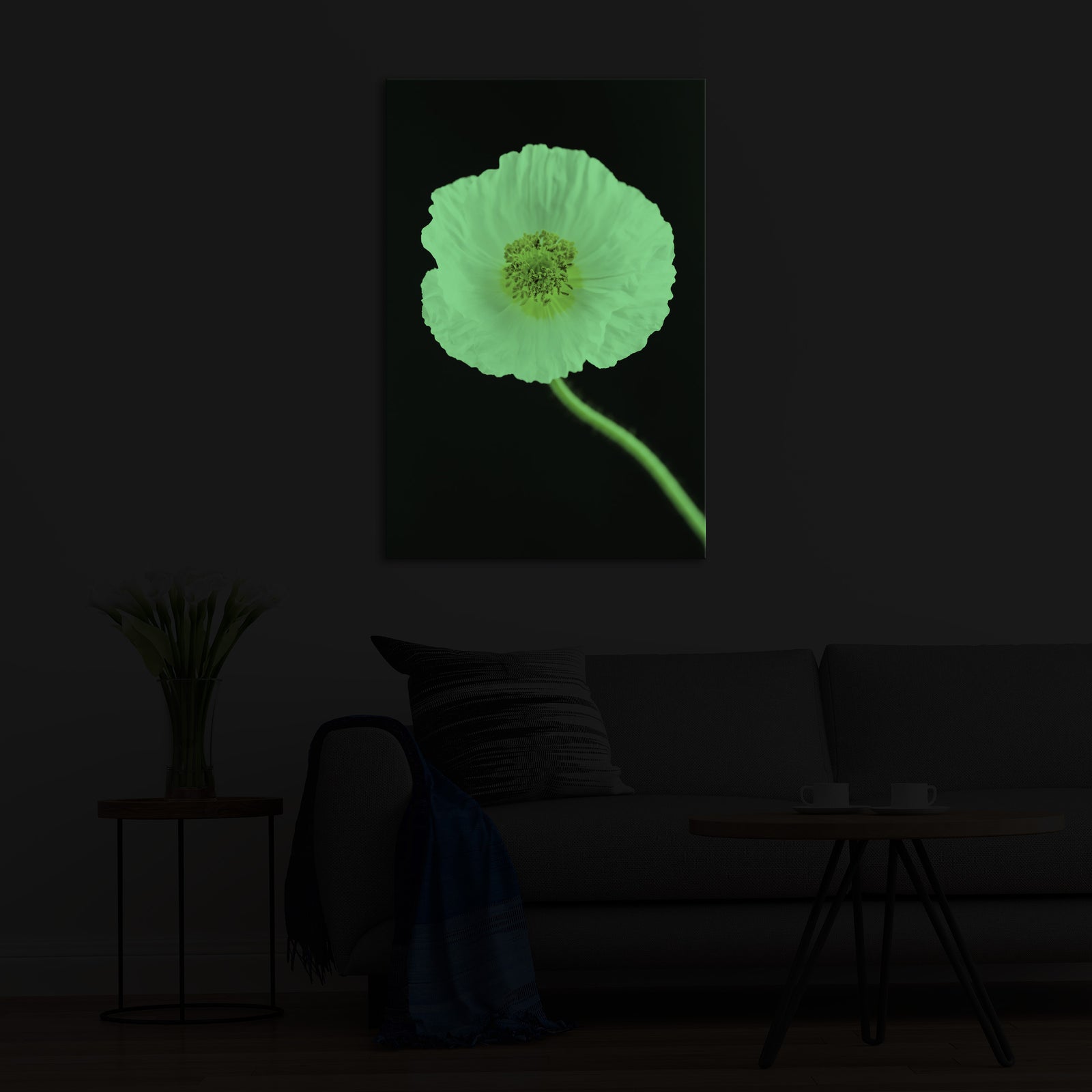 Flowers No. 055, glowing in a room at night