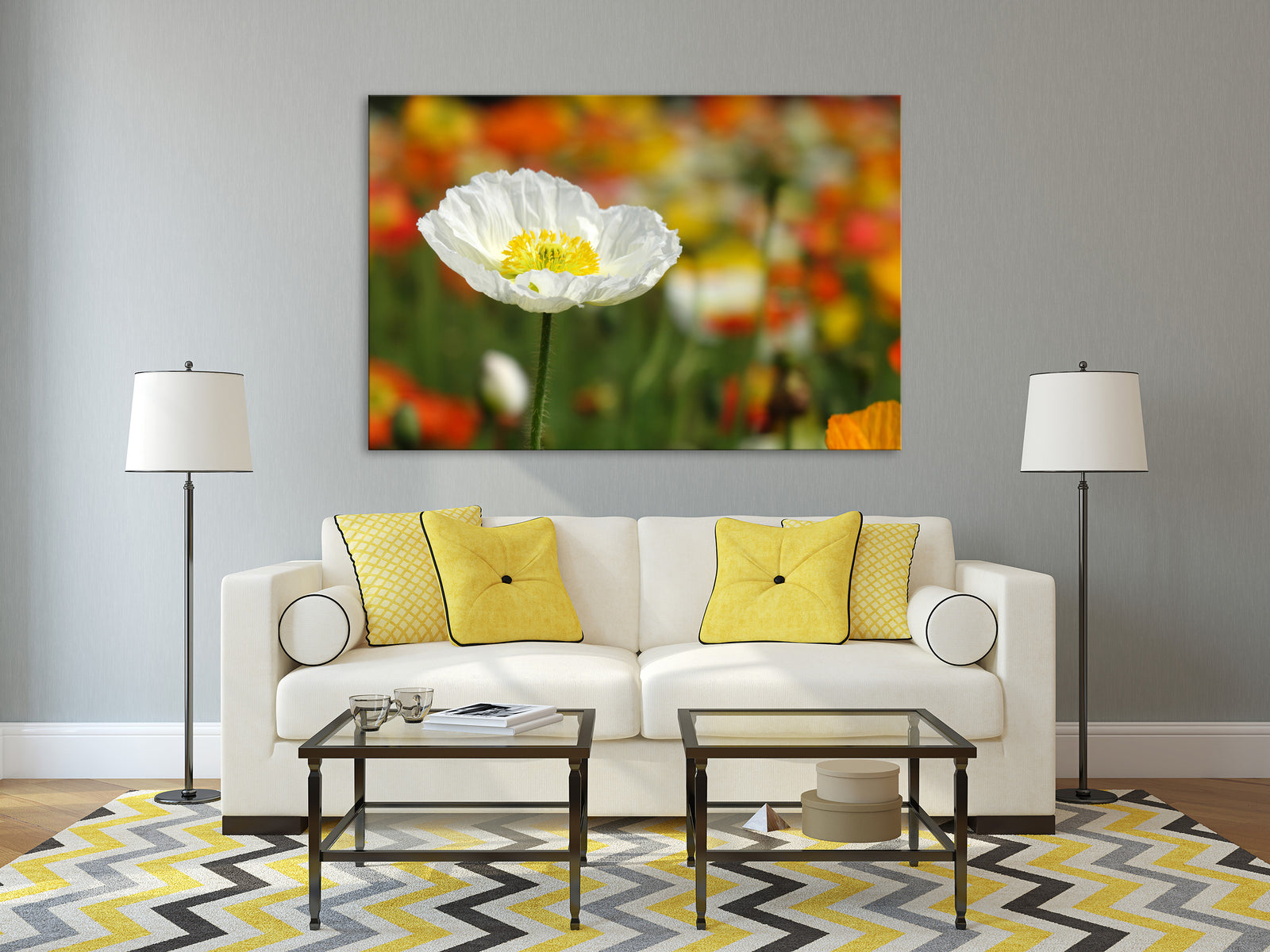 Flowers No. 056, shown framed in a room by day