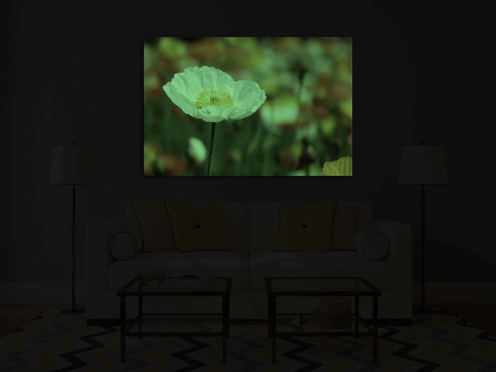 Flowers No. 056, glowing in a room at night
