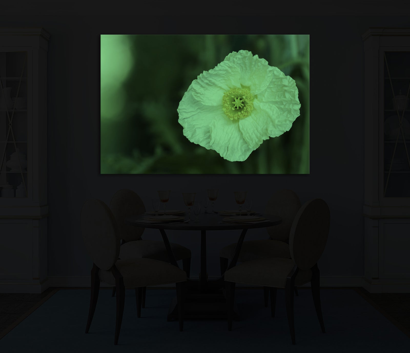 Flowers No. 058, glowing in a room at night