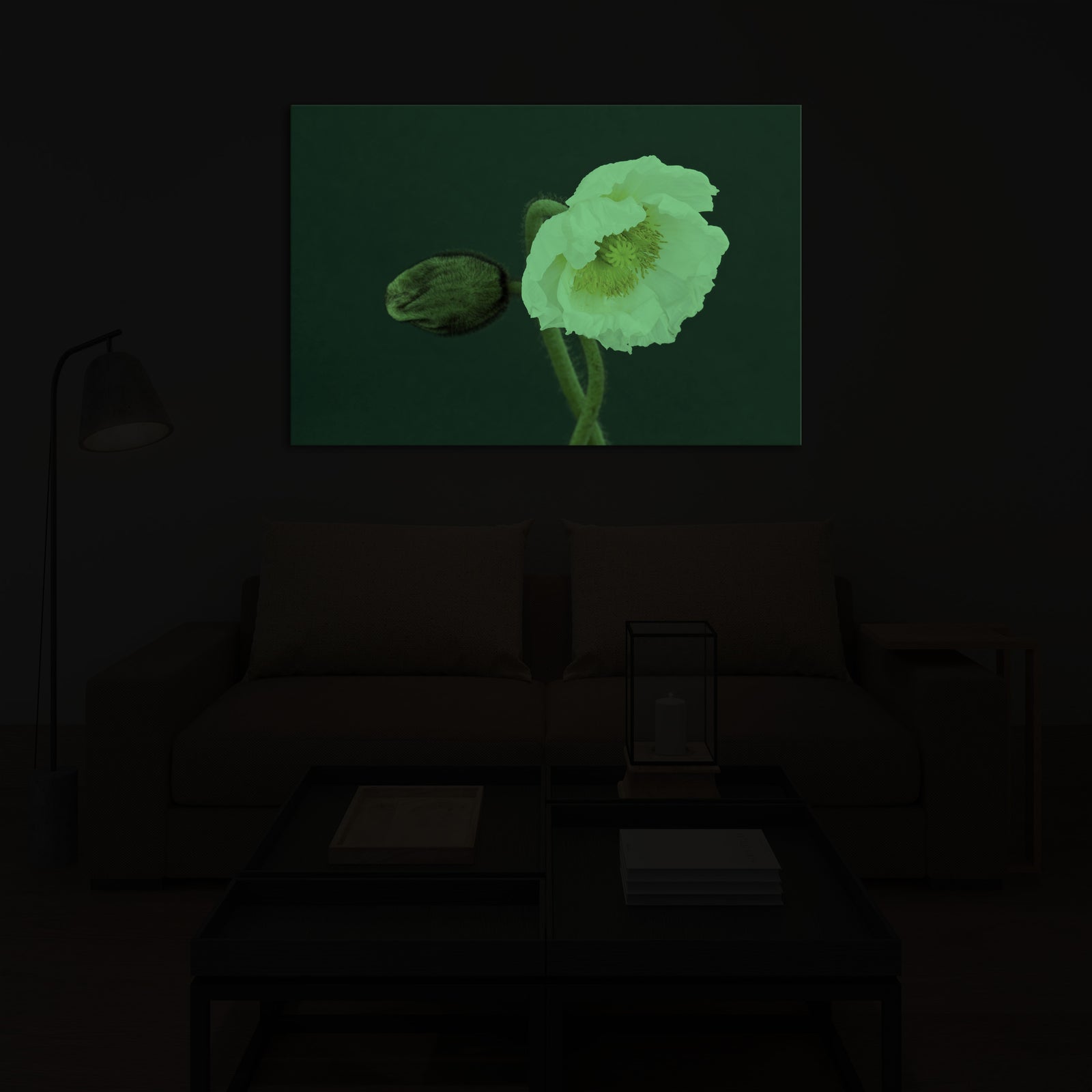 Flowers No. 061, glowing in a room at night