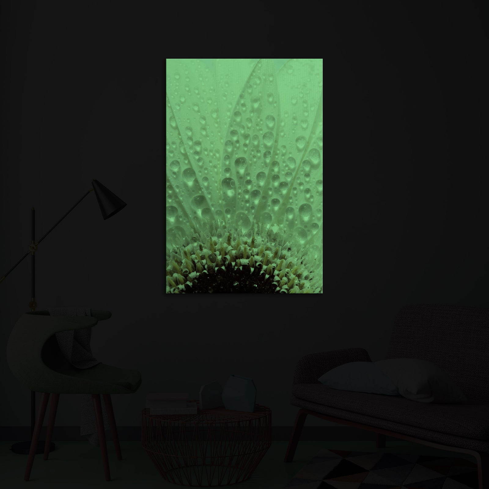 Flowers No. 062, glowing in a room at night