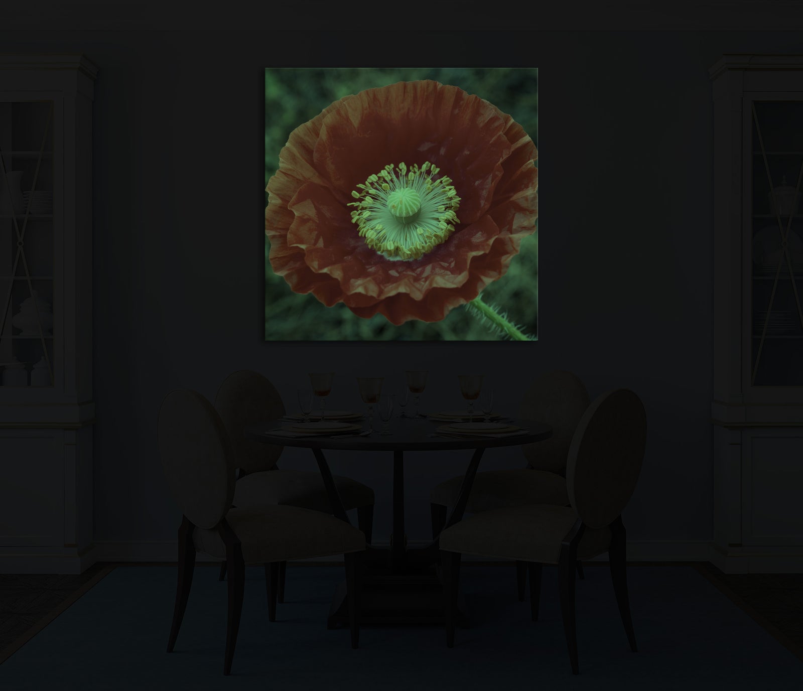 Flowers No. 063, glowing in a room at night